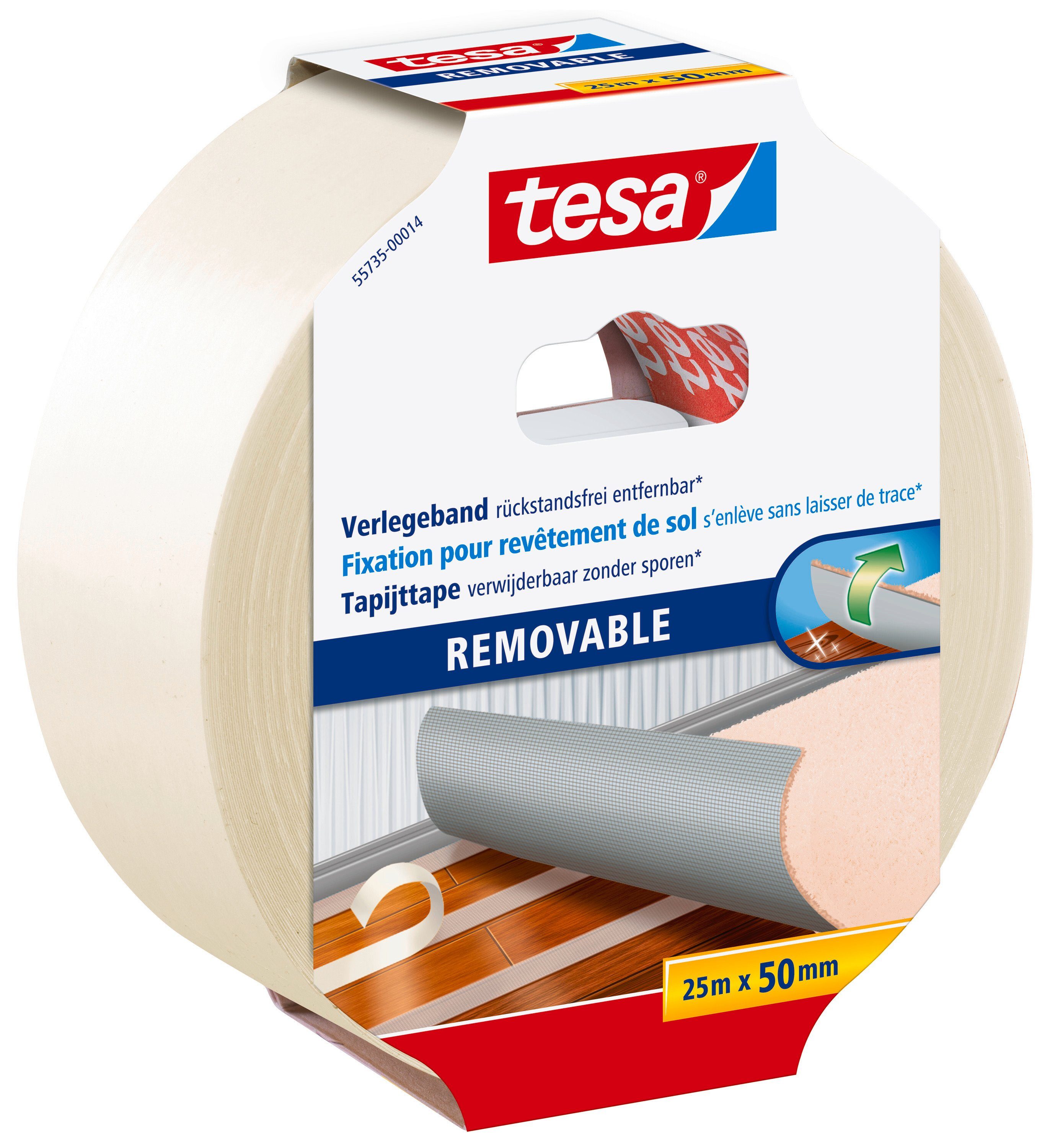 50 weiß mm Doppelklebeband : REMOVABLE Verlegeband 25 - 1-St) (Packung, m tesa