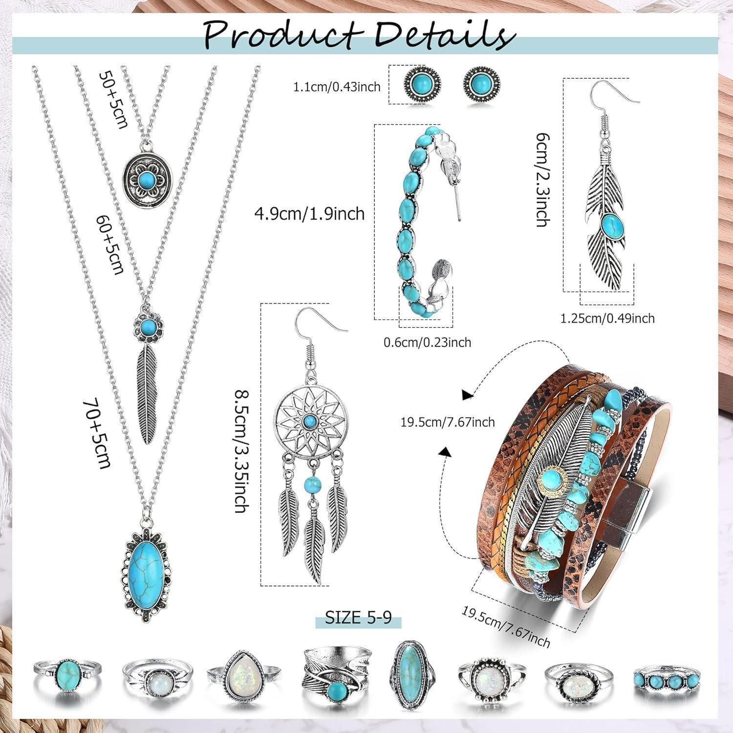LuxusKollektion Schmuckset Bohemian Türkis Schmuck Set für Damen inkl. Halskette Ohrringe Armband