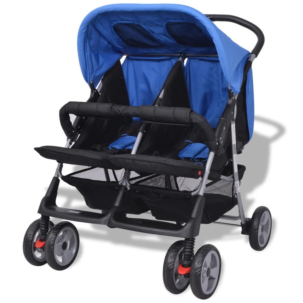 vidaXL Kombi-Kinderwagen Kinderwagen Kinderkarre Buggy Zwillings-Geschwisterwagen Stahl Blau un