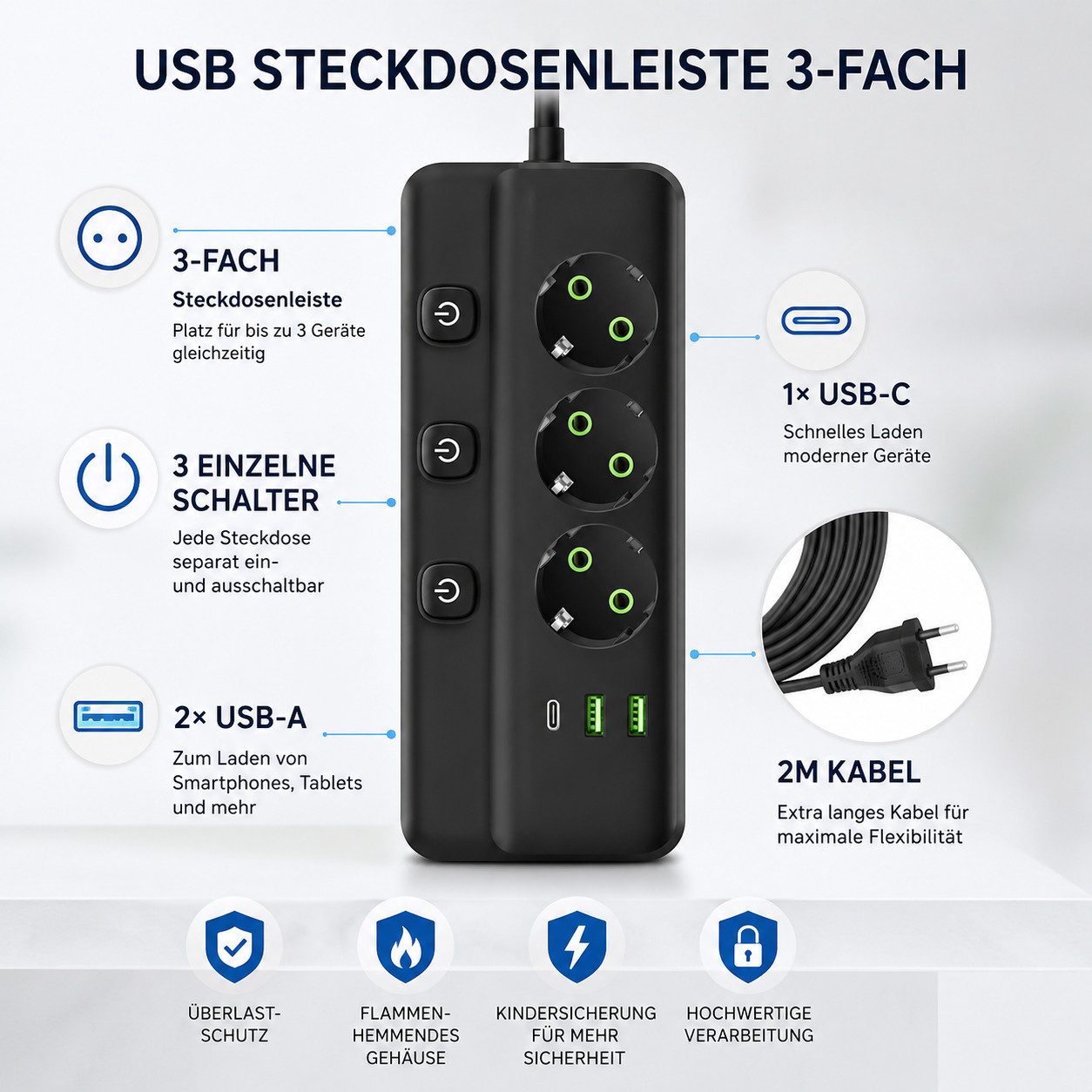 Forrlite Steckdosenleiste 3 fach, Mehrfachsteckdose mit usb & einzelne Schalter Steckdosenleiste 3-fach (Schalterbeleuchtung, separate Ein- / Ausschalter, Schutzkontaktkupplung, Kabellänge 2 m), überspannungsschutz