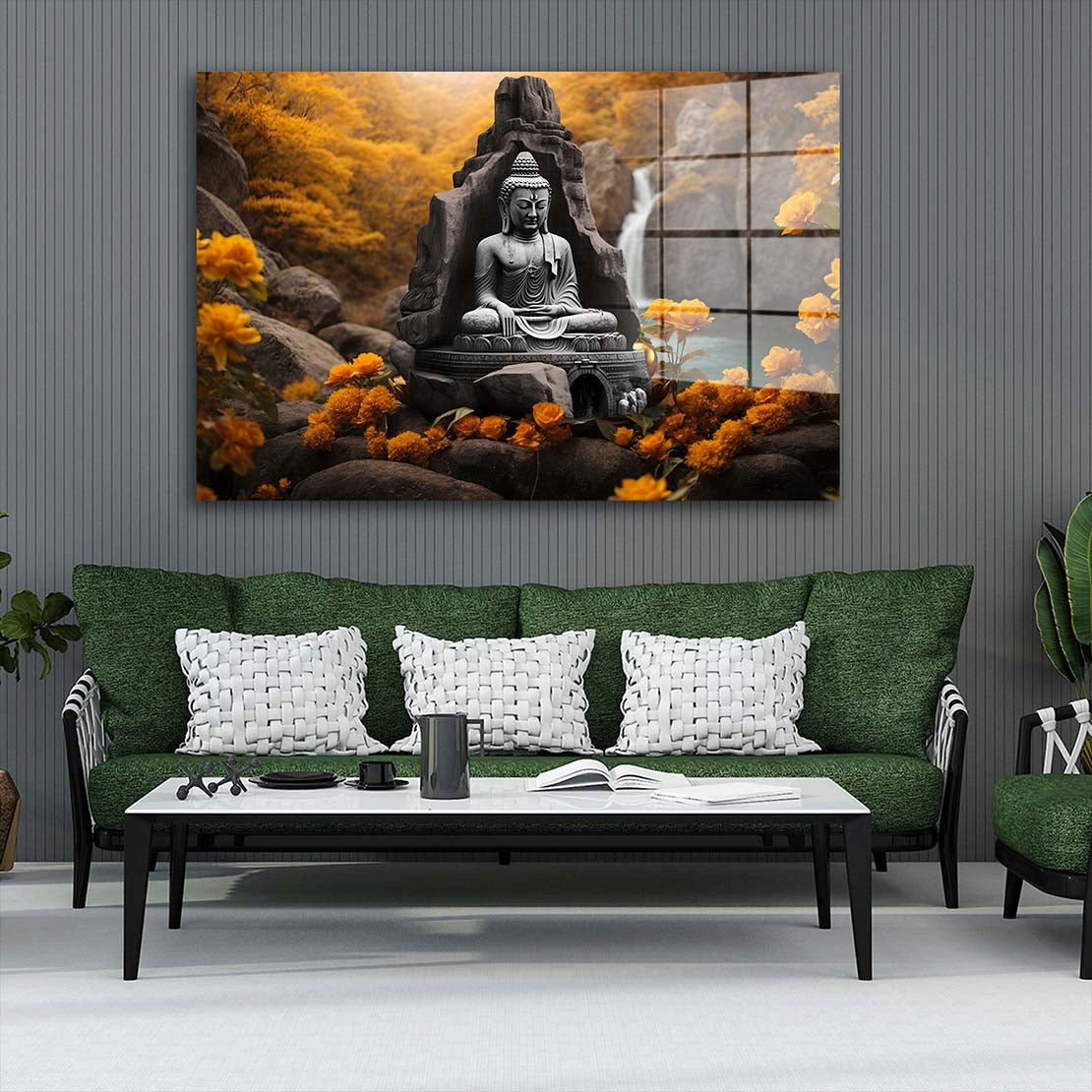 Artedinoi Acrylglasbild Buddha Acrylglasbild Wandbild Natur Modern Grün Zen Meditation XXL, Eine Buddha-Figur inmitten grüner Natur in weichem Licht.