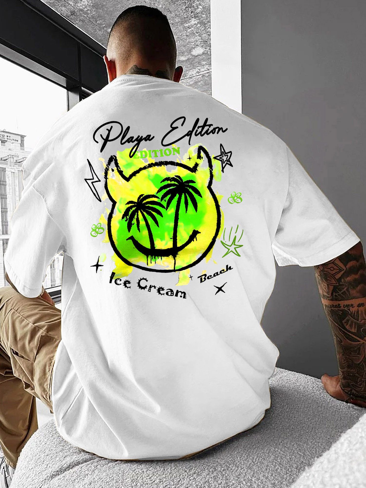 RMK T-Shirt Herren Shirt Top Rundhals mit Strand Smily Palmen Print aus 100% Baumwolle