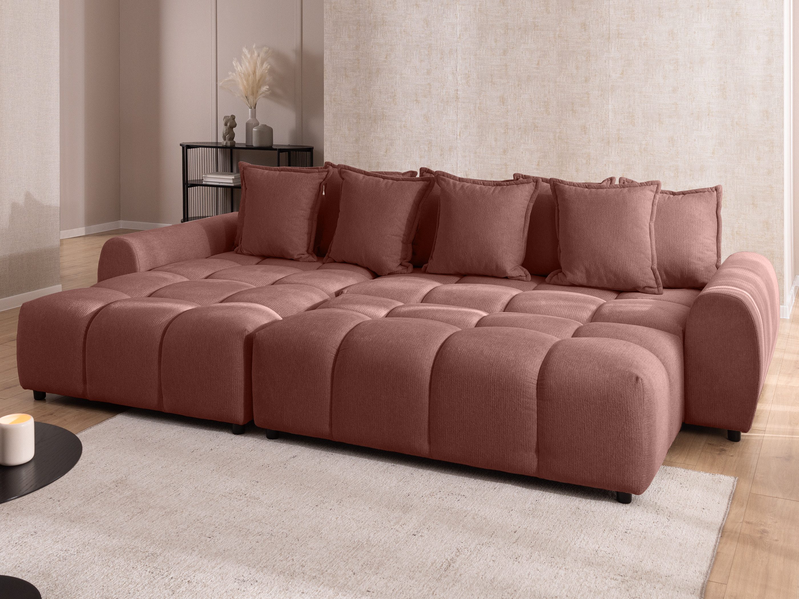 S-Style Möbel Ecksofa Bubble mit Schlaffunktion und Hocker mit losen Rückenkissen, aus Strukturstoff, mit Wellenfederung