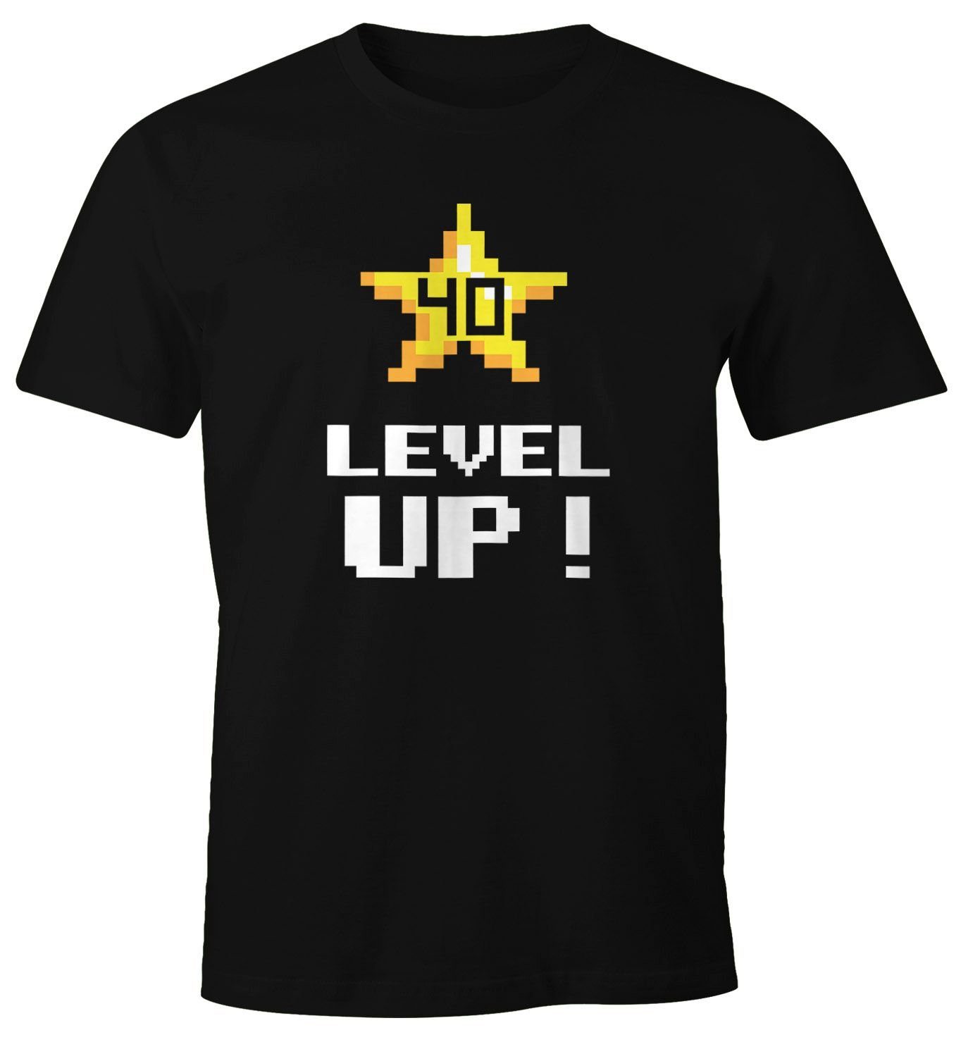 MoonWorks Print-Shirt Herren T-Shirt Geburtstag Level Up Pixel-Stern Retro Gamer Pixelgrafik Geschenk Arcade Fun-Shirt Moonworks® mit Print 40 schwarz