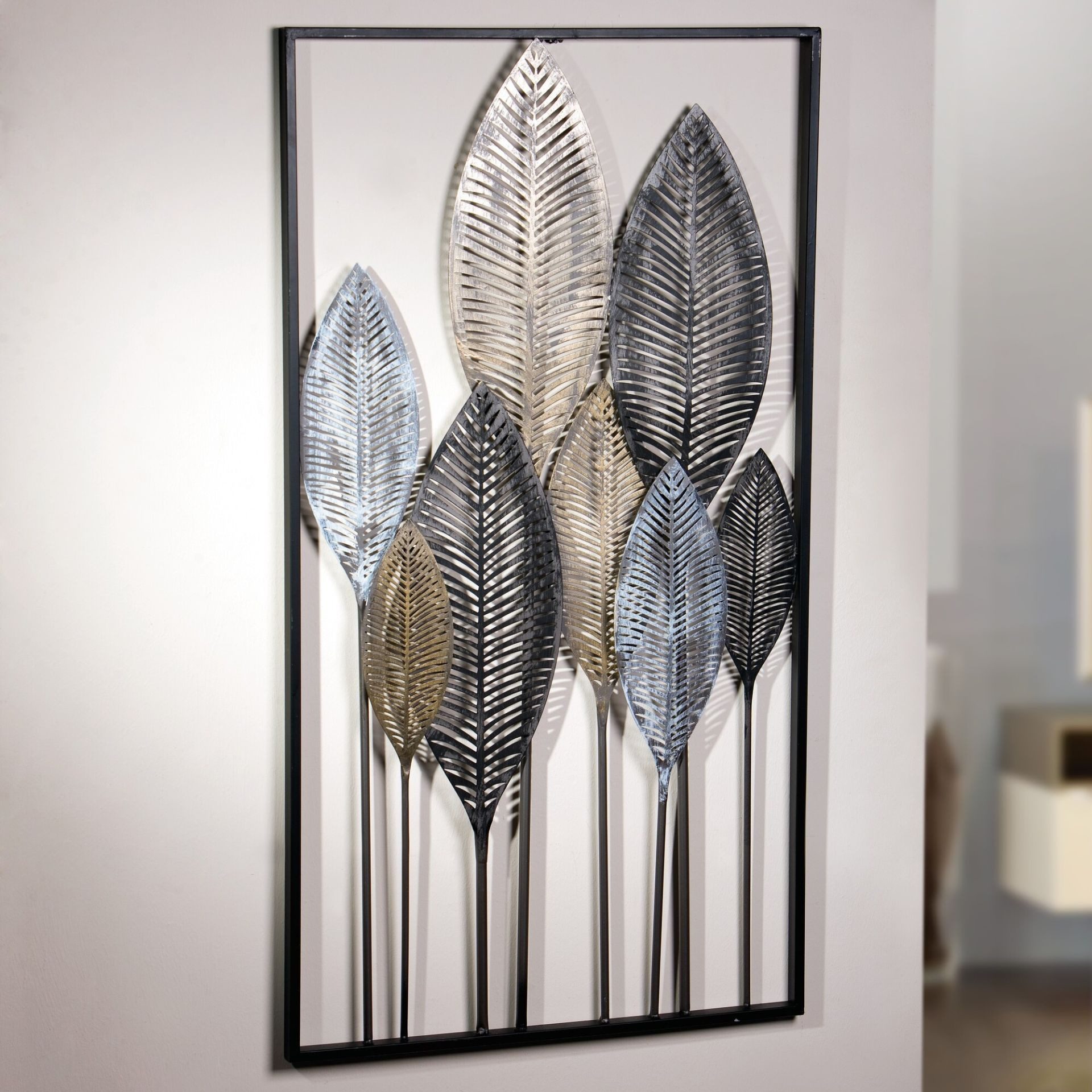 Dekoleidenschaft Wandbild "Blätterwald" 3D Wanddeko aus Metall 52x95 cm, Wandschmuck, Metallbild, Blätter, Wandverzierung in Metallic-Tönen, Deko-Objekt