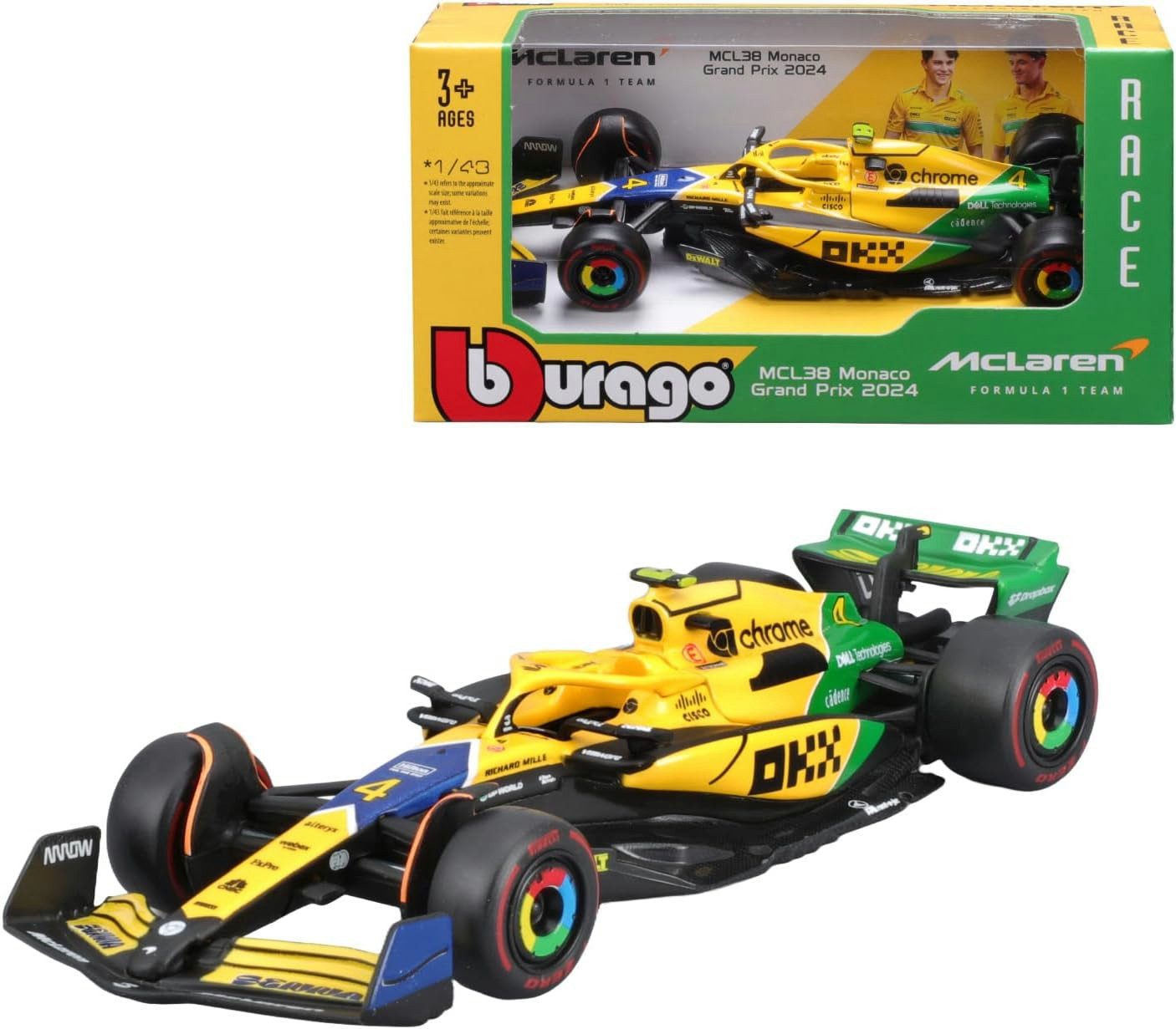 Bburago Modellauto F1 MCLaren MCL38 Monaco (Senna) #4 Norris, '24, Maßstab 1:43
