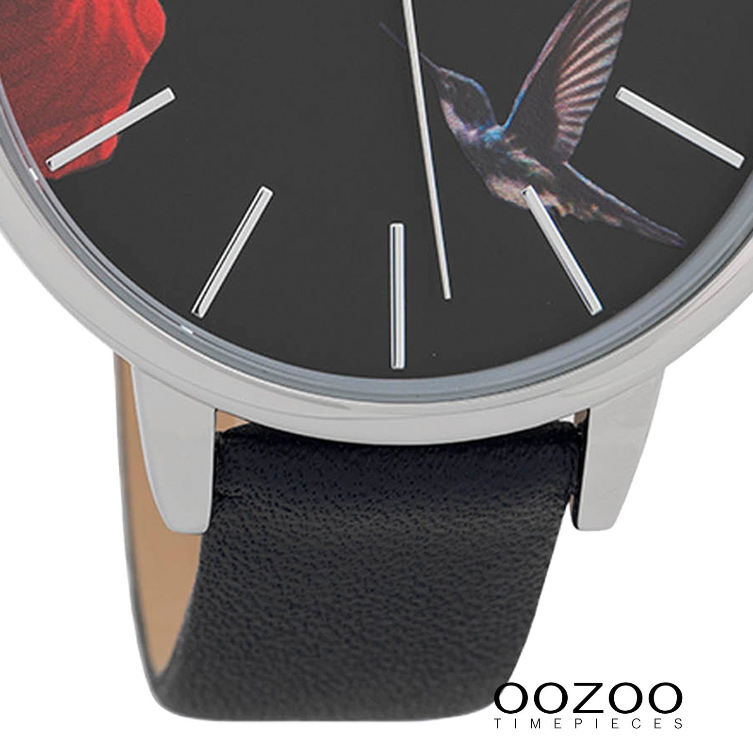 OOZOO rund, Quarzuhr Damen Ziffernblatt Oozoo Analog, Armbanduhr groß Vogel Damenuhr auf schwarz Motiv 42mm) Fashion-Style, (ca. Lederarmband,
