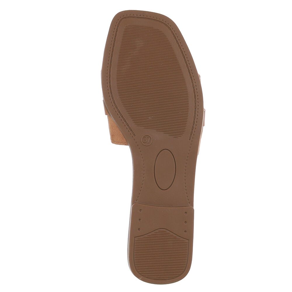 Ital-Design Damen Pantolette mit Metall-Detail und flachem Fußbett Pantolette (91742319) Blockabsatz Pantoletten in Camel