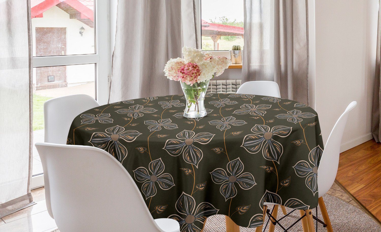 Abakuhaus Tischdecke Kreis Tischdecke Abdeckung für Esszimmer Küche Dekoration, Blume Blooming Petals Doodle