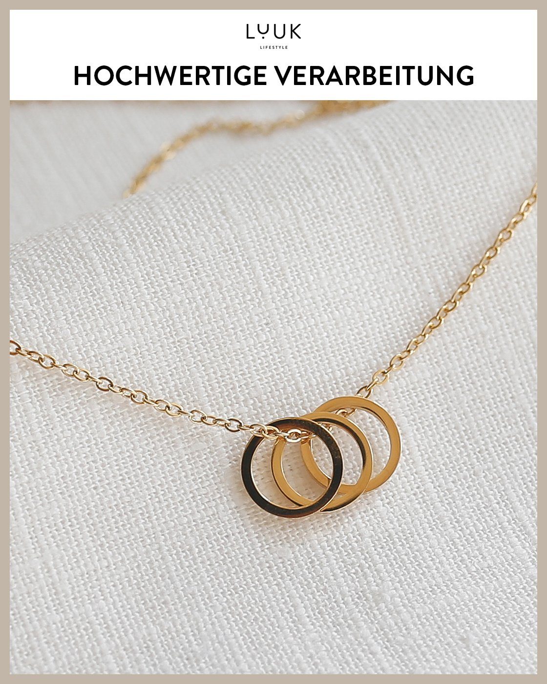 mit mit verstellbare Anhänger Damenschmuck, mit LUUK Kreisen Gold Glücksbringer LIFESTYLE Geschenk, ineinander verschlungenen Anhänger, 3 Spruchkarte, Ringen Ringe, Kettenlänge, Edelstahl und Kette HAPPINESS 3