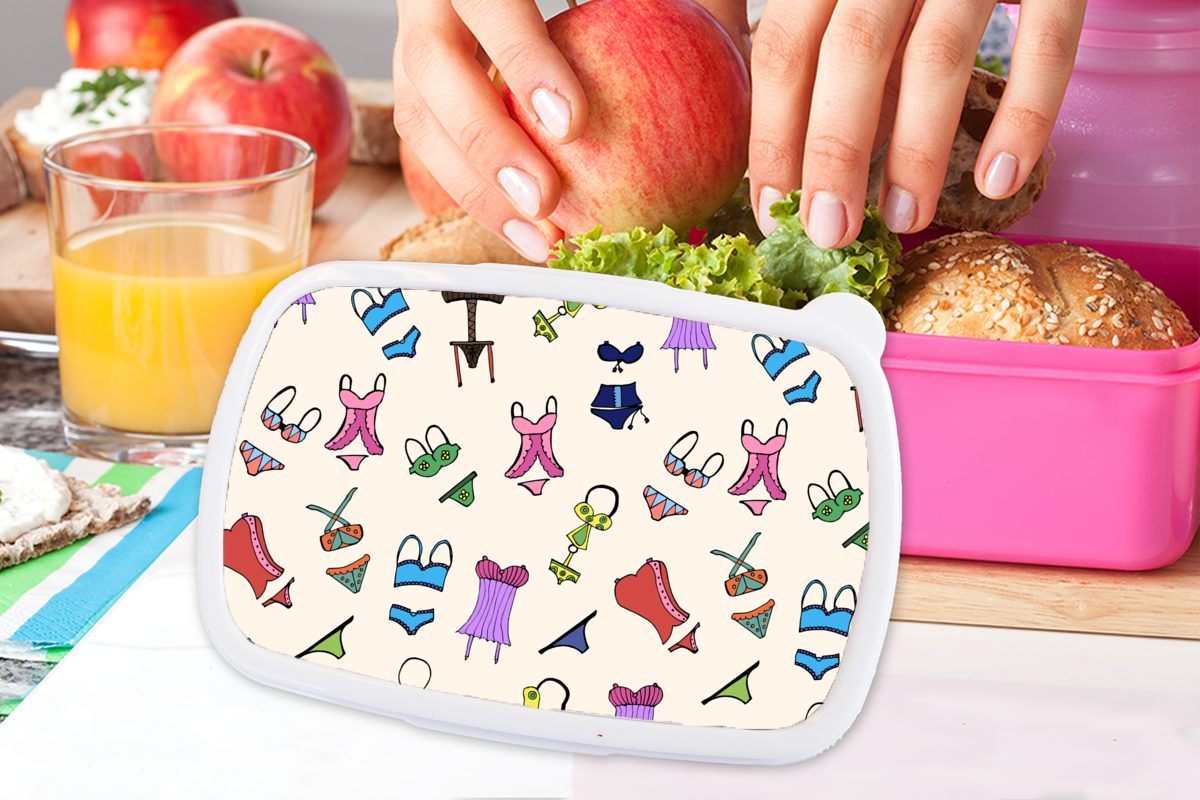 Lunchbox - Kinder, (2-tlg), für Unterwäsche Brotdose Dessous MuchoWow Erwachsene, Brotbox Mädchen, rosa Schnittmuster, Kunststoff, - Snackbox, Kunststoff