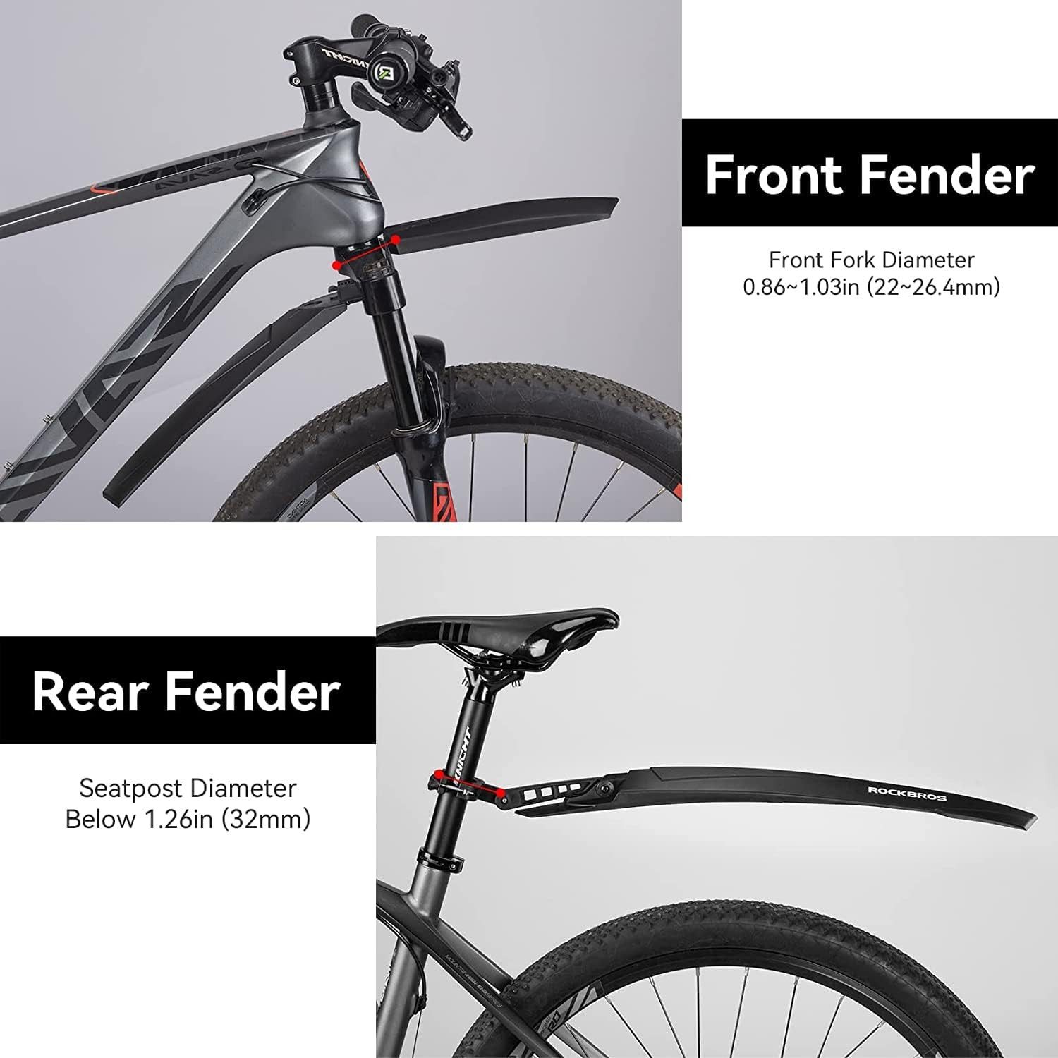 ROCKBROS Schutzblech Schutzblech Set Spritzschutz MTB (Geeignet für 26 Zoll, für Fahrräder, Mudguard, Schwarz), Vorne und Hinten