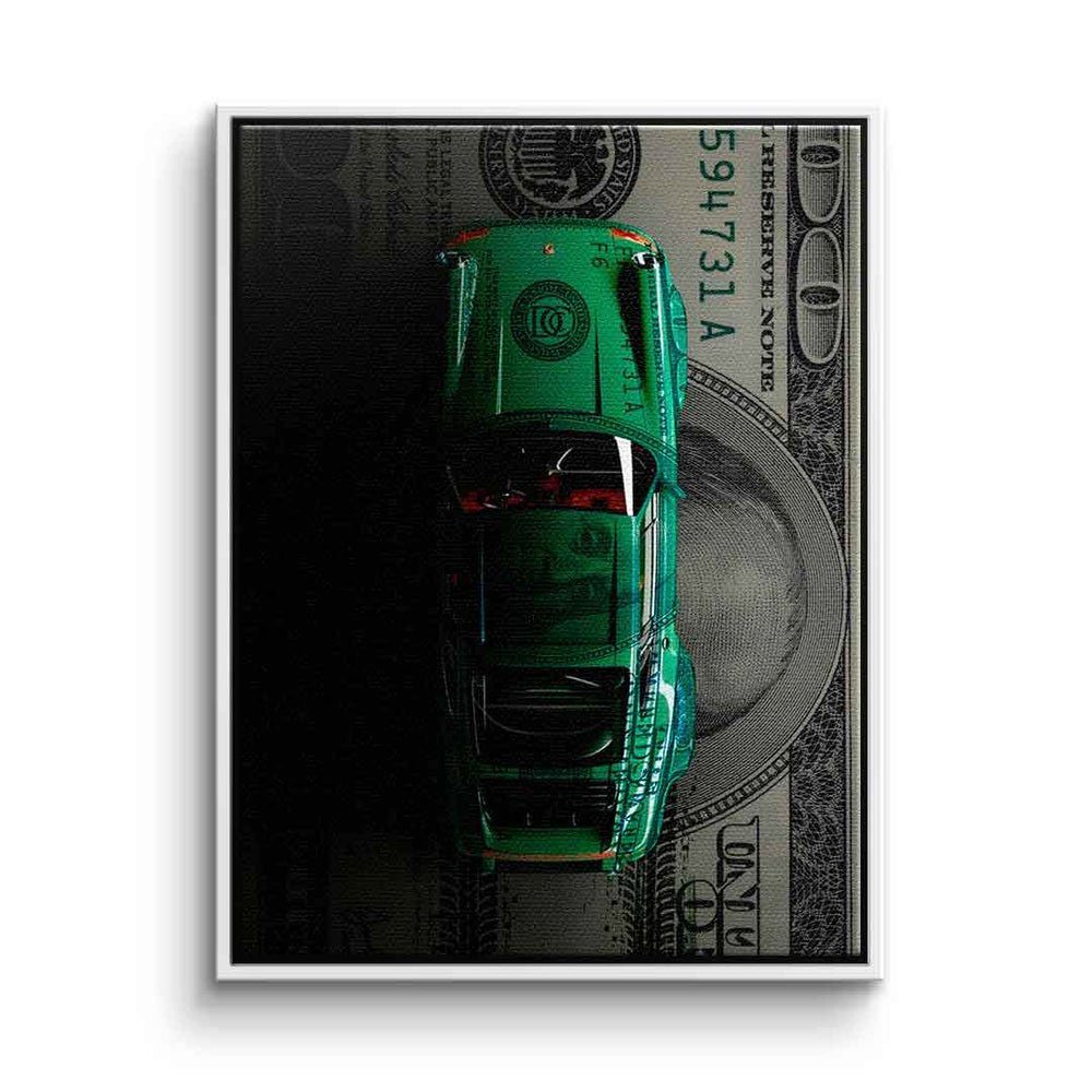 green Leinwandbild, Porsche goldener g Geld Dollar Motivation DOTCOMCANVAS® Erfolg car Leinwandbild Rahmen schwarz