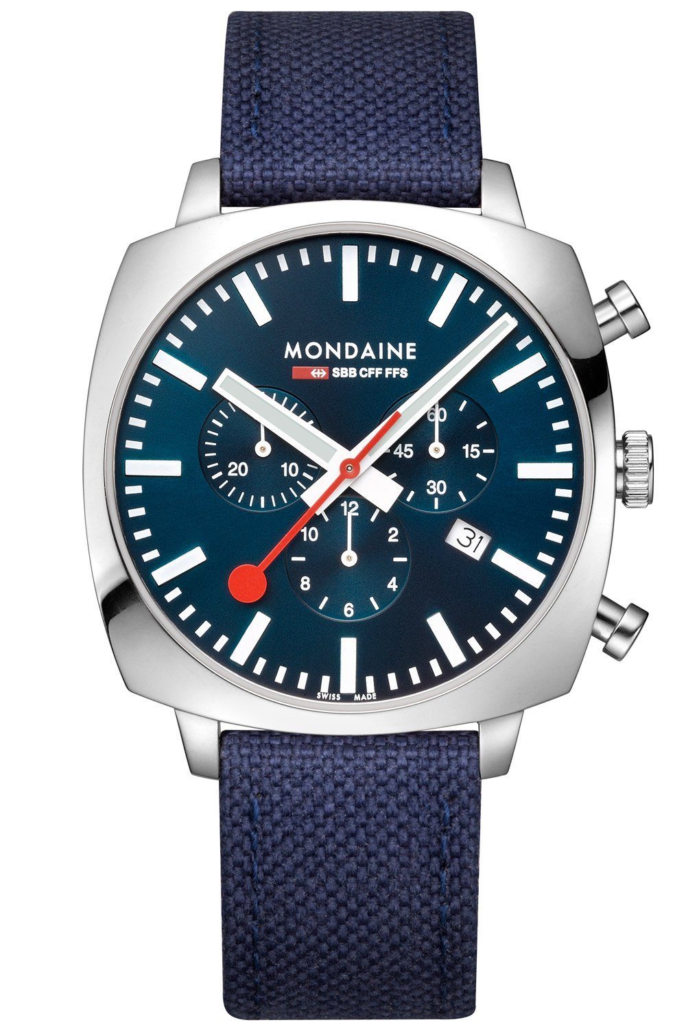 Saphirglas Uhrglas: mit Set MONDAINE Cushion Grand Blau mm, Quarzuhr 41
