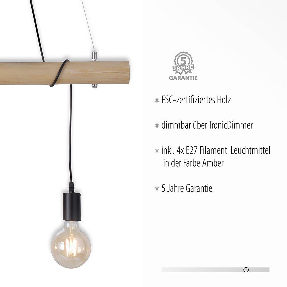 Hängelampe Esszimmerlampe Pendelleuchte, Warmweiß, inklusive, 4 Leuchtmittel LED Vintage Holzbalken Pendelleuchte etc-shop