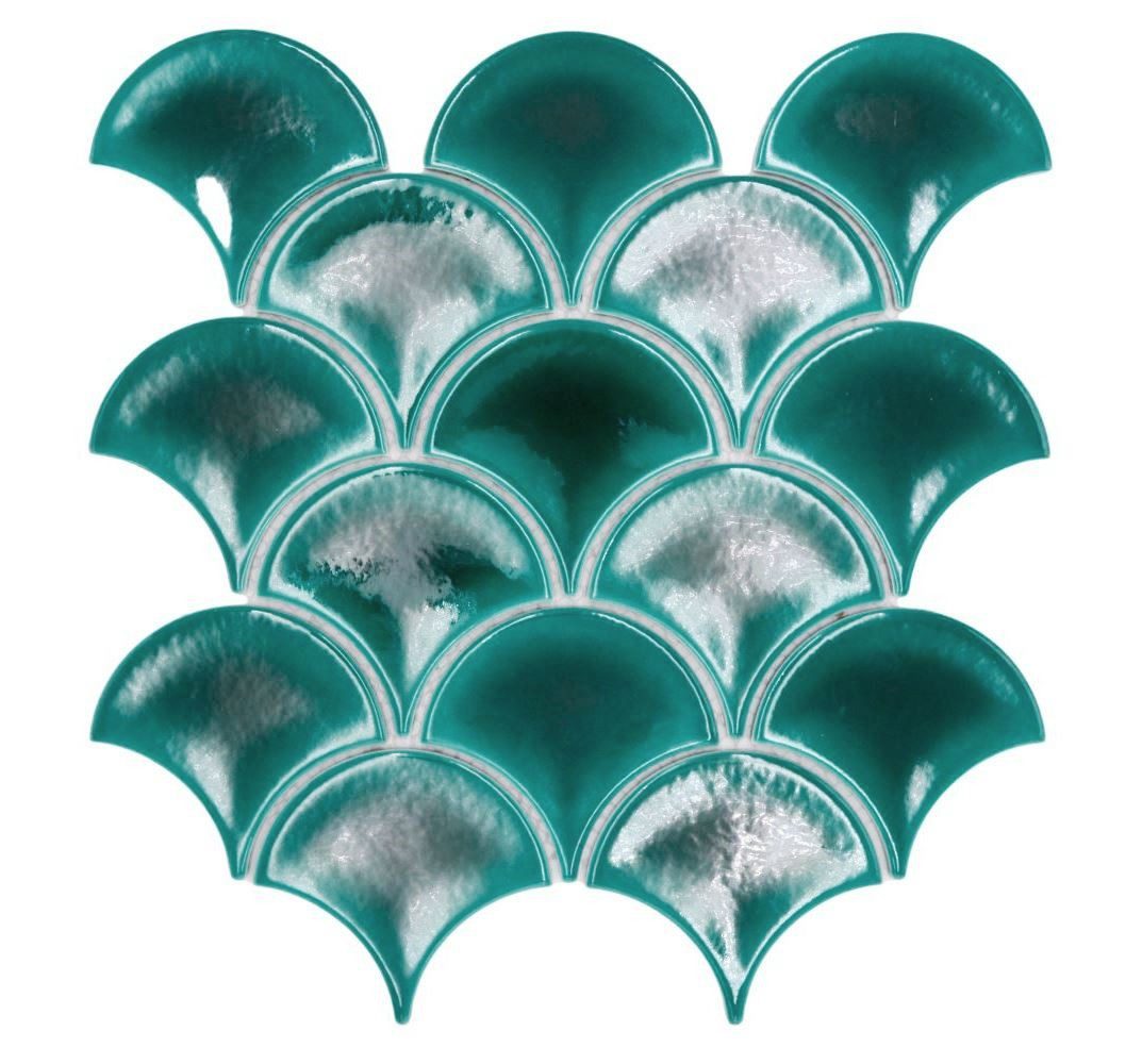 Mosani Mosaikfliesen Mosaikfliese Fächer Fischschuppen uni dunkelgrün ice crackled