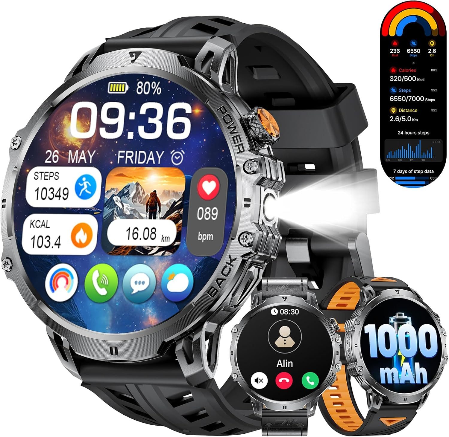 BENYAR EF13-B Smartwatch (4,7 cm, Android iOS), Smartwatch EF13 mit 1,85 Zoll HD Display, 1000mAh Akku, 100 Sportmodi