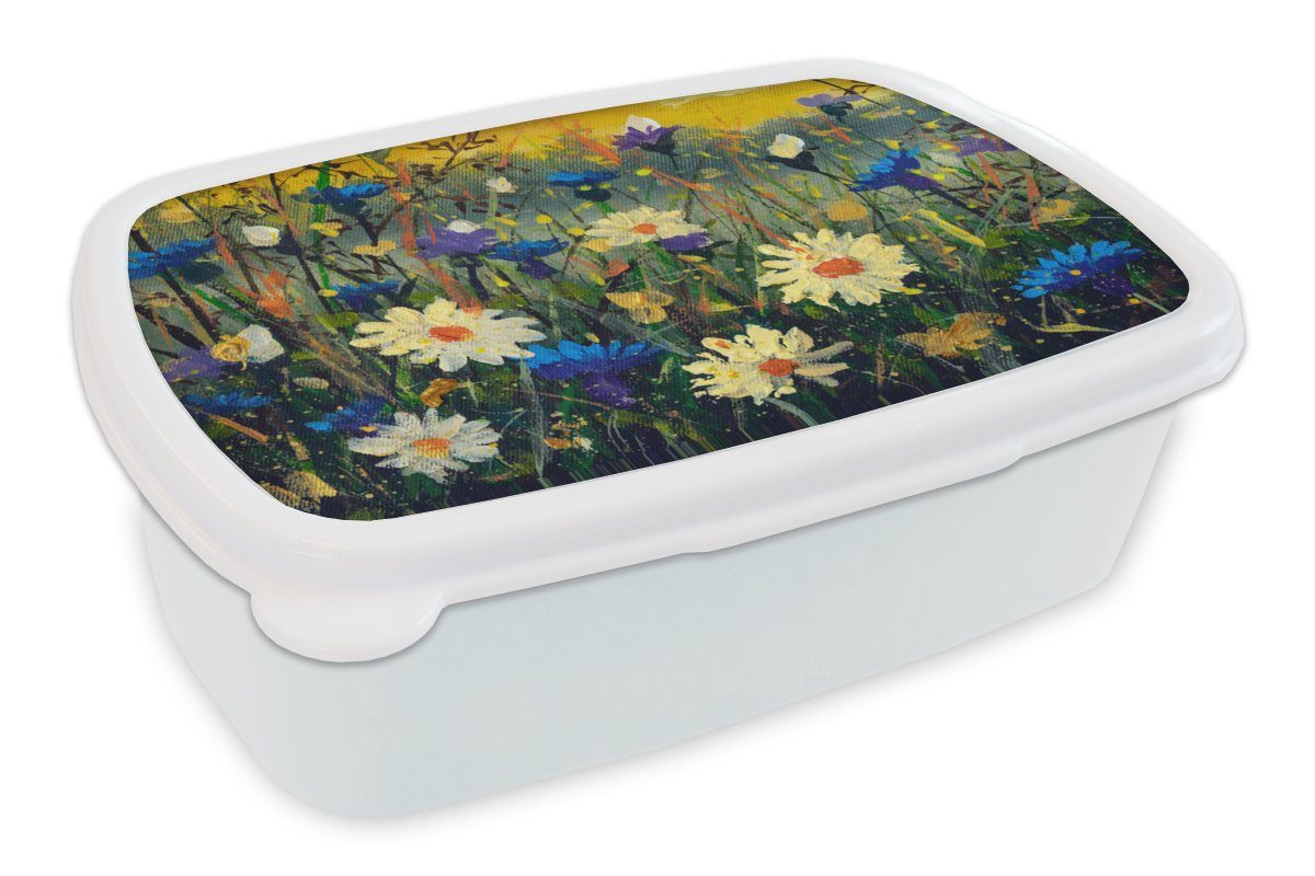 MuchoWow Lunchbox Ölfarbe - Blumen - Malerei, Kunststoff, (2-tlg), Brotbox für Kinder und Erwachsene, Brotdose, für Jungs und Mädchen weiß