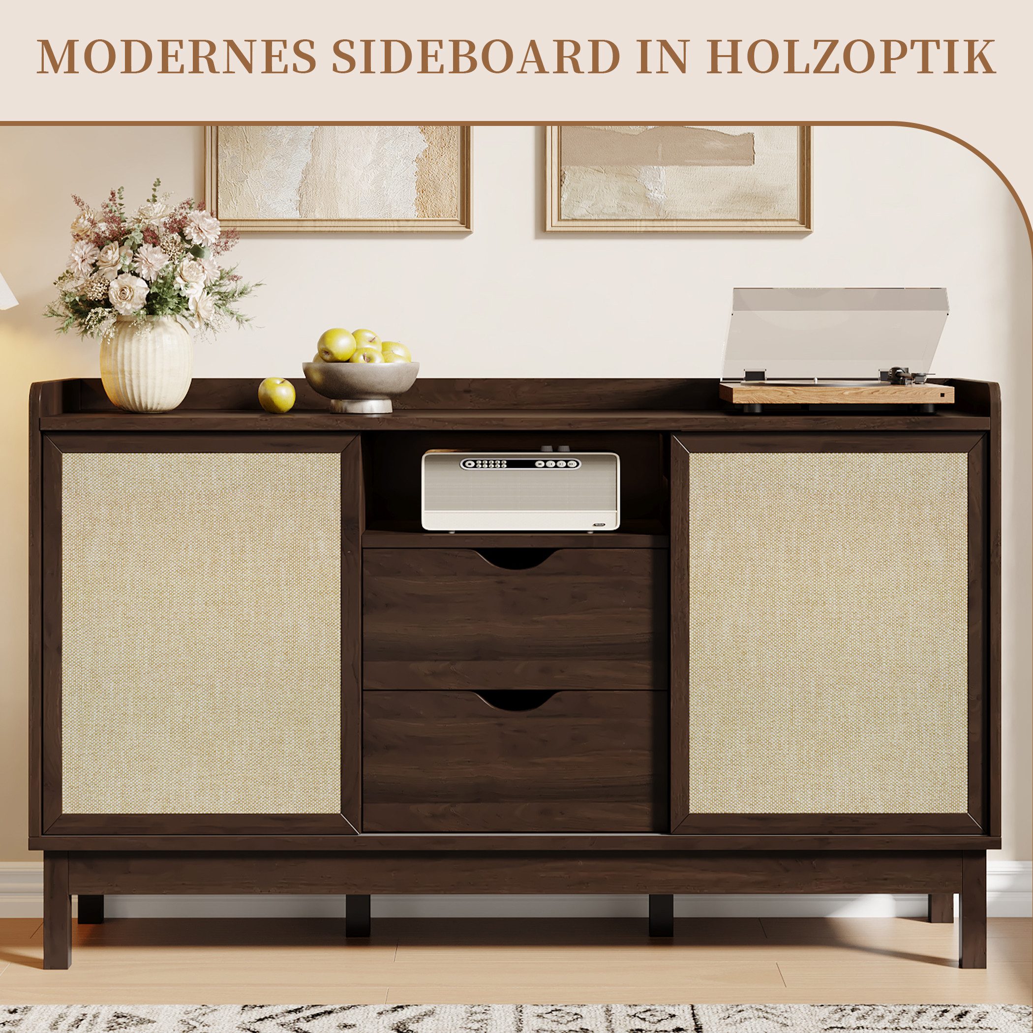 SeedWave Sideboard 150cm Retro Kommode, 2 Schiebetüren mit Stoffgeweben, 2 Schubladen, höhenverstellbare Einlegeböden