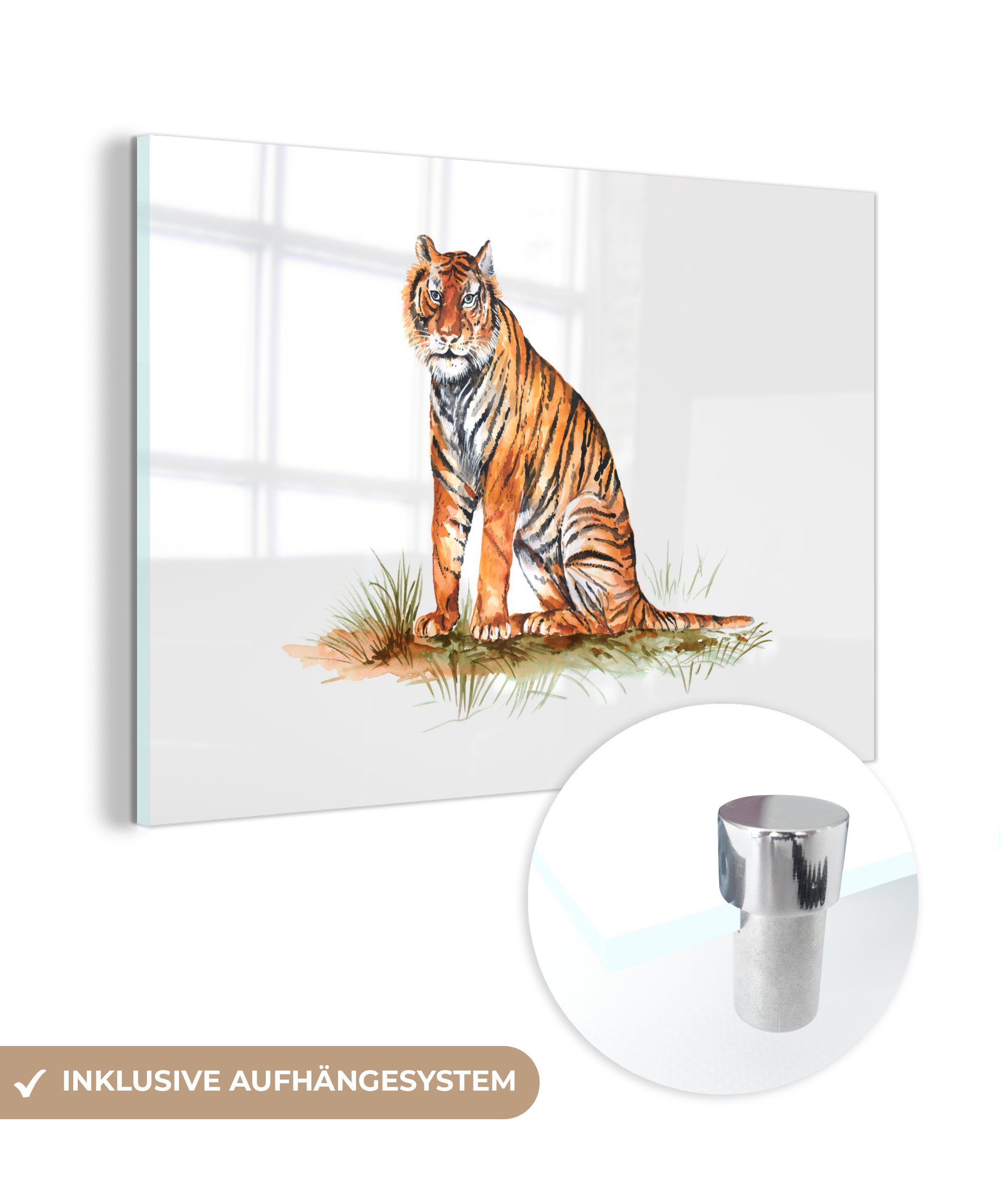 MuchoWow Acrylglasbild Tiger - Gras - Orange, (1 St), Acrylglasbilder Wohnzimmer & Schlafzimmer