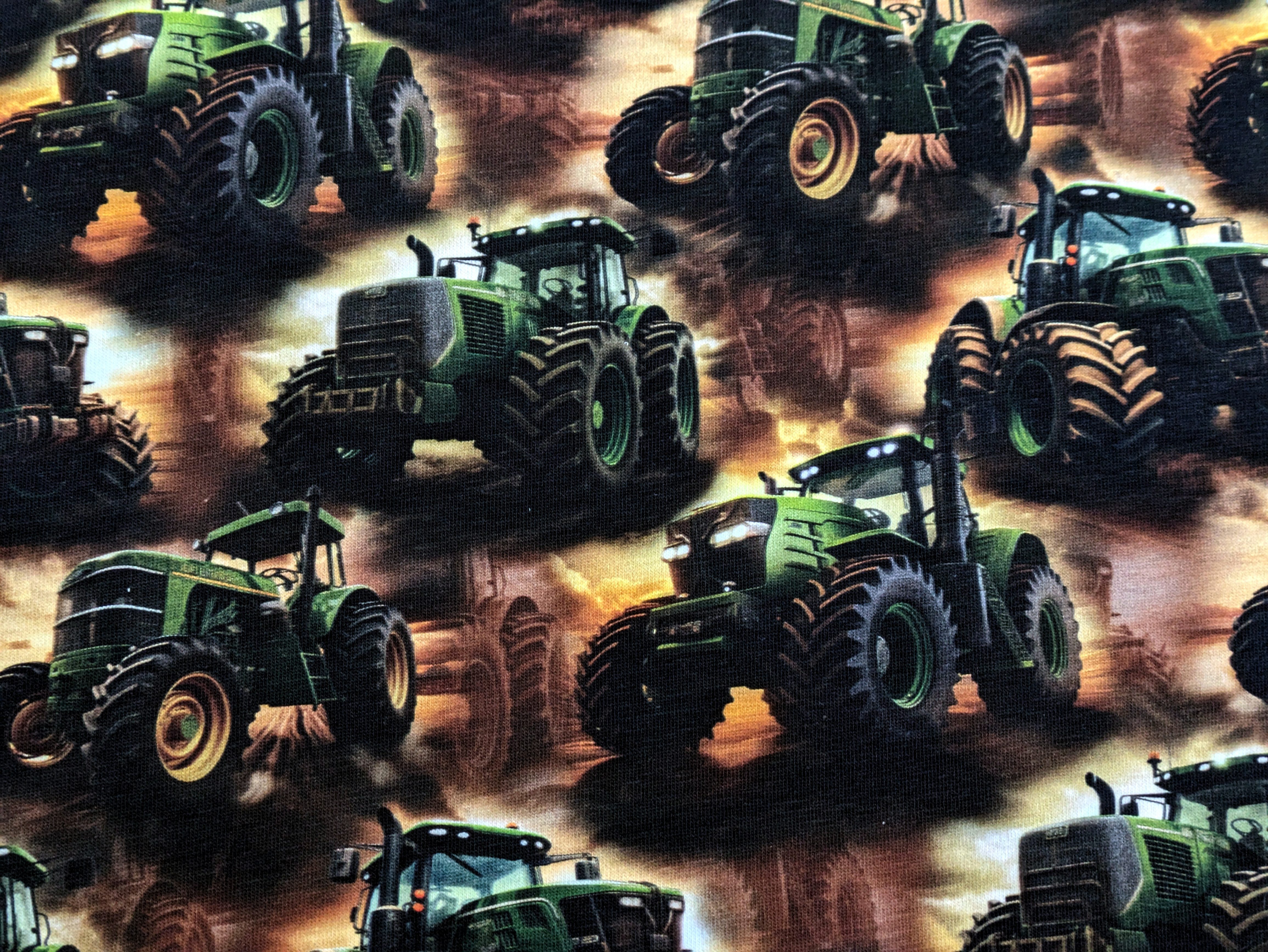 Corileo Stoff EP Bio Baumwolljersey Farm Traktor Traktoren Grün/Braun Stoff