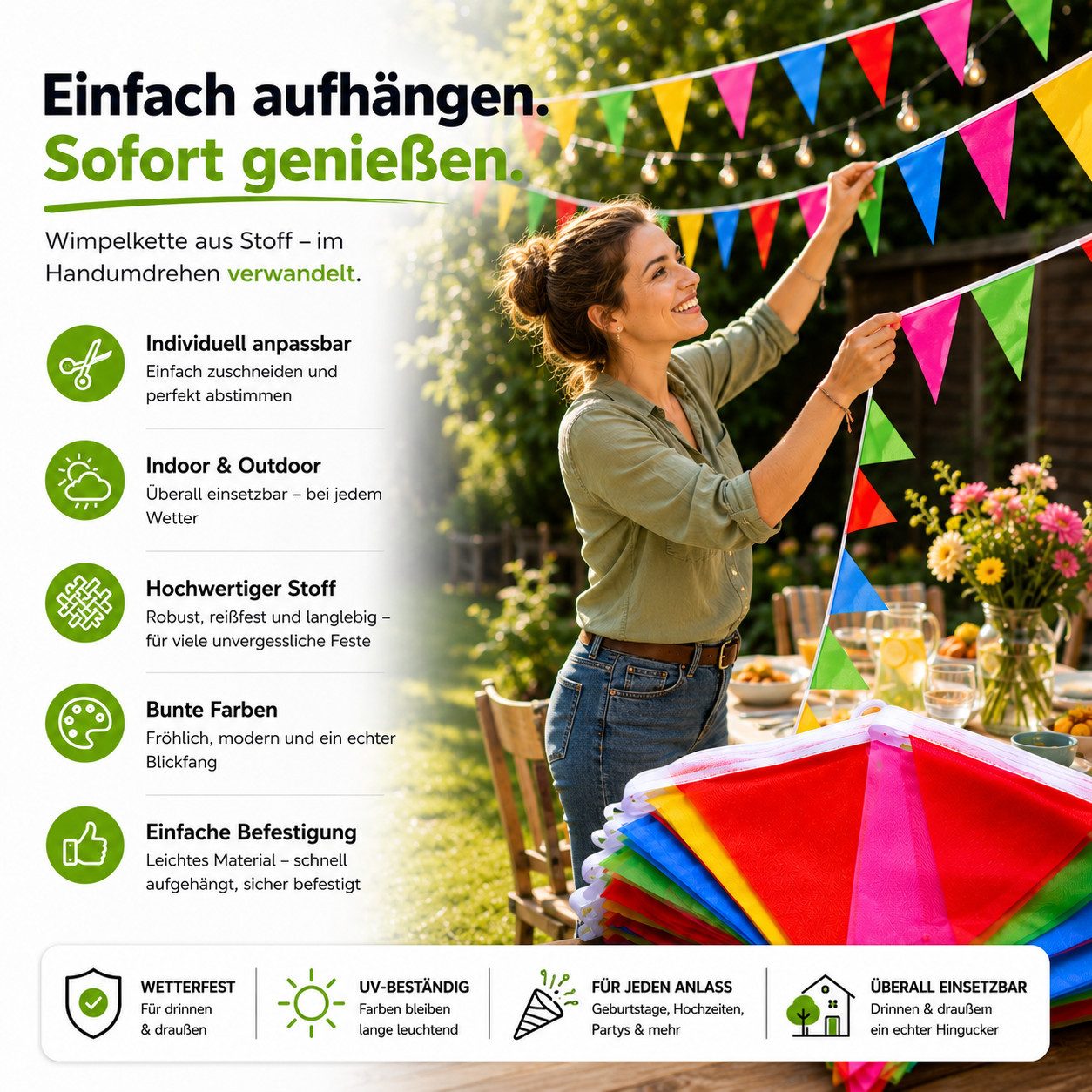 GOTPARTY Wimpelkette Bunte Wimpelkette, 100 m Gesamtlänge, wiederverwendbare Partygirlande – Bild 4 von 5