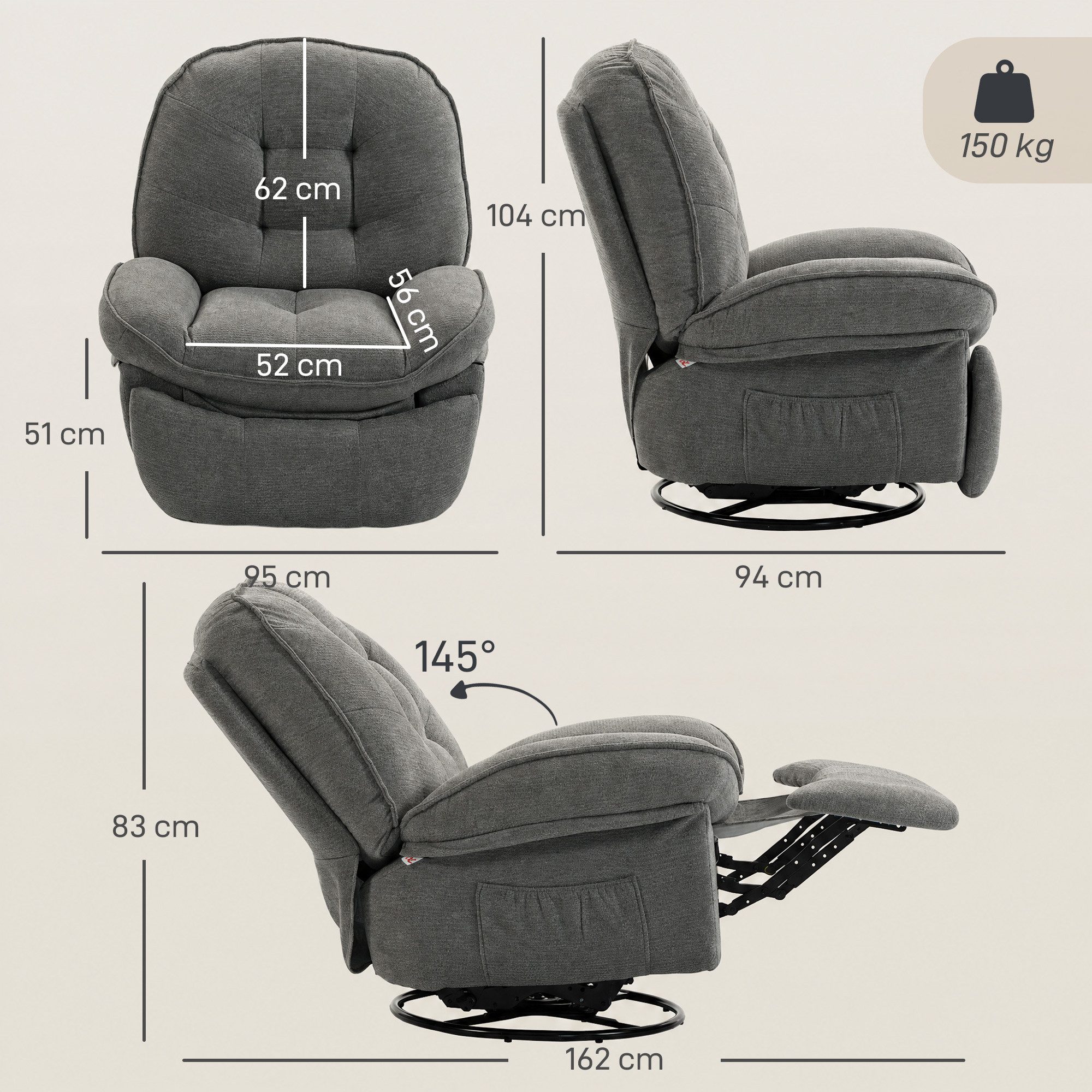 HOMCOM Relaxsessel Fernsehsessel Liegesessel mit Liegefunktion, Wippfunktion (Set, 1-St., Ruhesessel), 360° drehbar, wippend, bis 145° neigbar – Bild 3 von 5