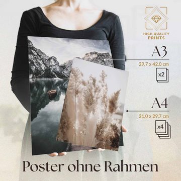 Heimlich Poster Set als Wohnzimmer Deko, Bilder DINA3 & DINA4, Boot Berge Pampas, Landschaften