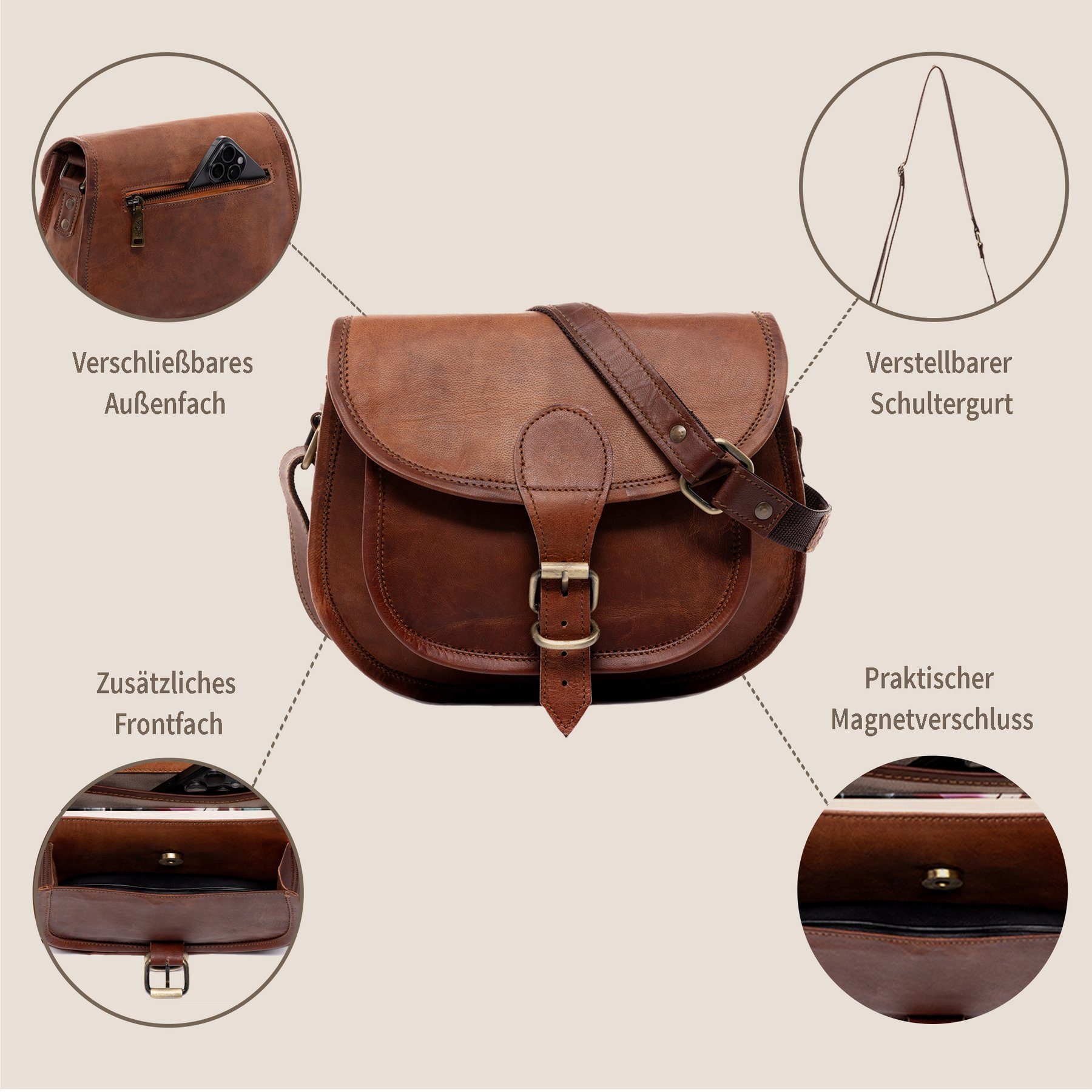 SID & VAIN shoulder bag real leather shoulder bag large brown, crossbody bag real leather for women, shoulder bag light brown