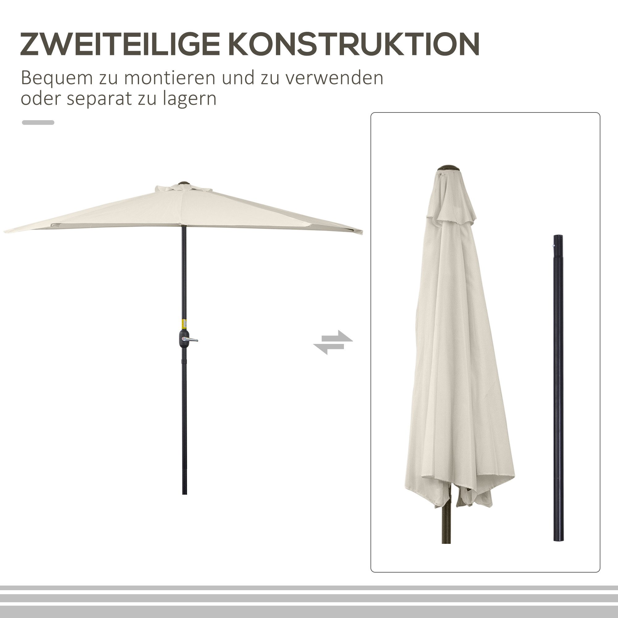 Outsunny Sonnenschirm Schirm Marktschirm, Metall, halbrund, LxB: 293x150 cm, Kurbelschirm, Gartenschirm, Cremeweiß+Schwarz