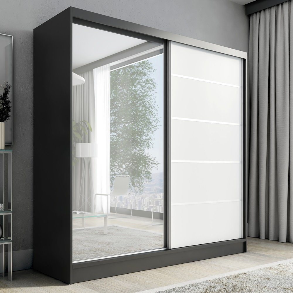 A&J MöbelLand GmbH Schiebetürenschrank NERO 200 cm mit Spiegel drei Schubladen (TOP ANGEBOT! Geräumiger Schrank mit einer Breite von 200 cm und Spiegel, ideal zur Aufbewahrung von Kleidung und Accessoires. 3 Schubladenund viel Stauraum. TOP PRODUKT! Wähle