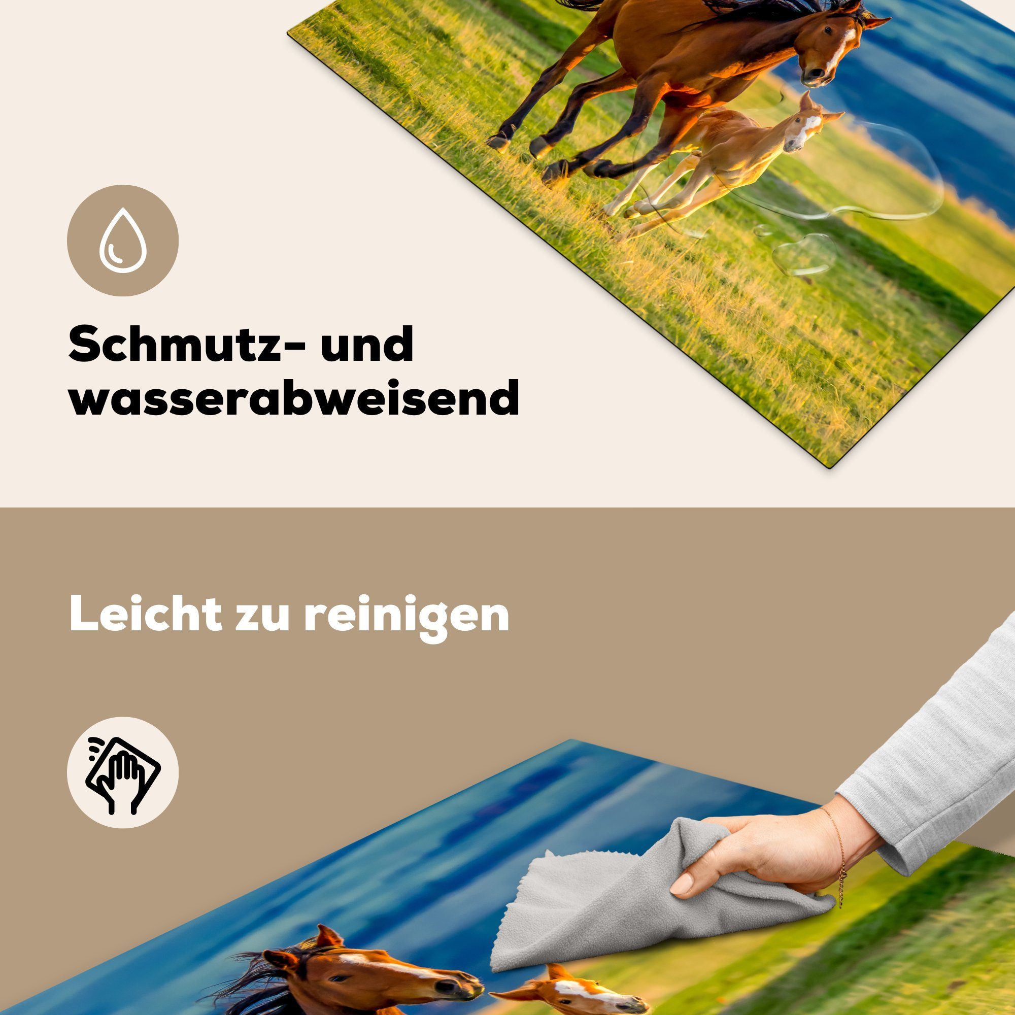Pferde Natur, - für - MuchoWow Arbeitsplatte Gras Herdblende-/Abdeckplatte (1 cm, Ceranfeldabdeckung, Landschaft Tiere Vinyl, küche - 81x52 - tlg),