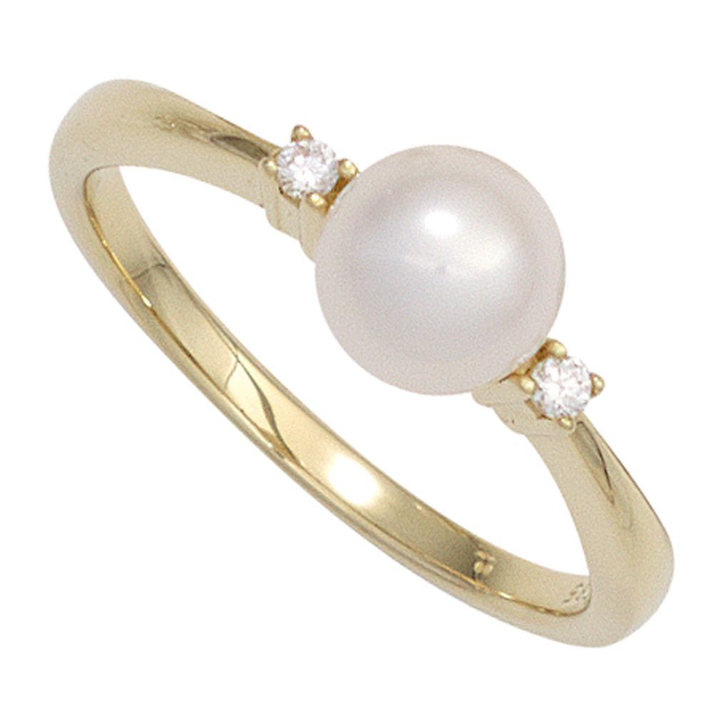 Schmuck Krone Fingerring Ring Damenring Süßwasser Perle weiß & 2 Diamanten Brillanten 585 Gold Gelbgold, Gold 585
