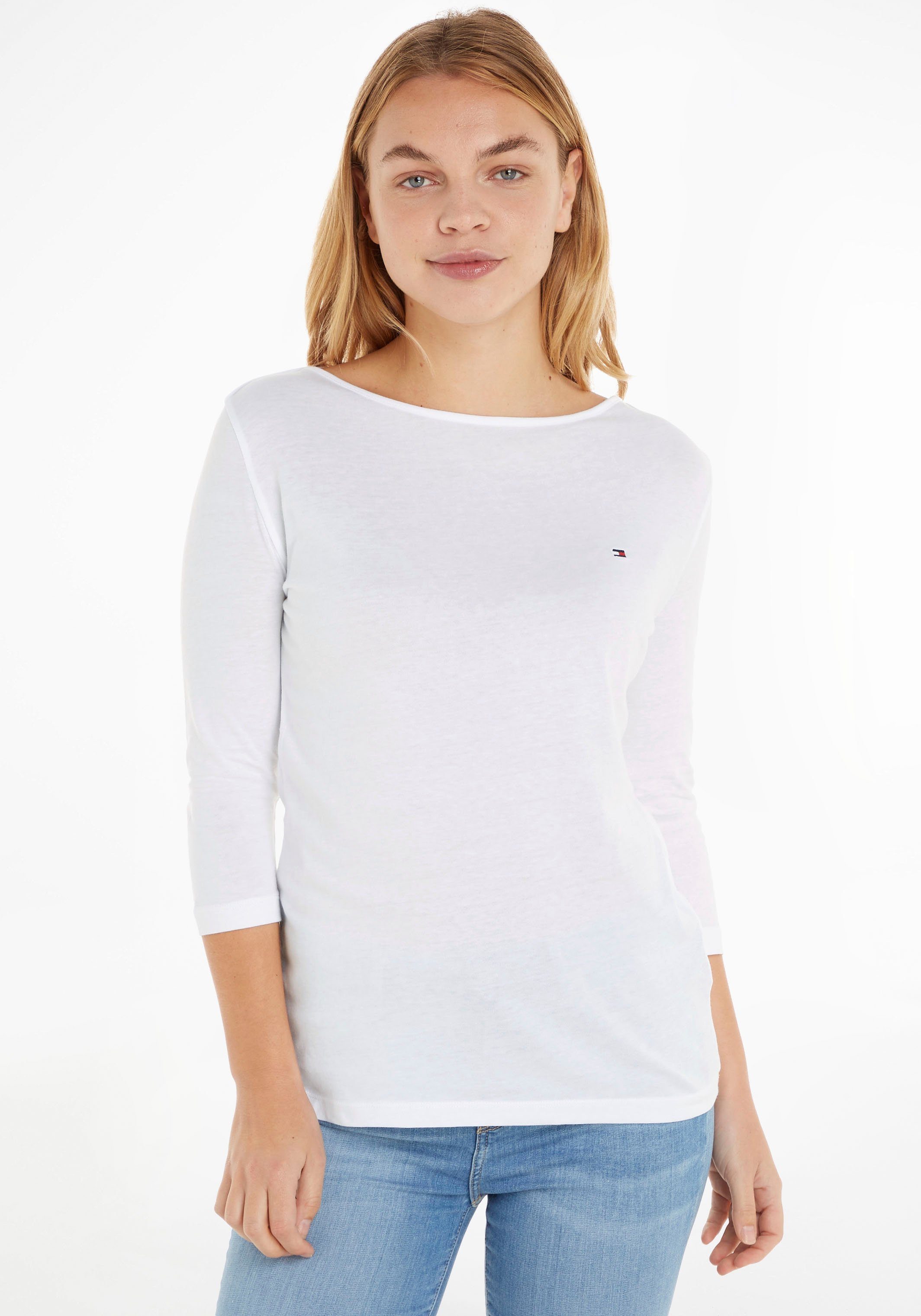 Tommy Hilfiger 3/4-Arm-Shirt ORG CO 3/4 TOP BOAT-NK SLV weiß mit SLIM Tommy-Hilfiger-Logostickerei