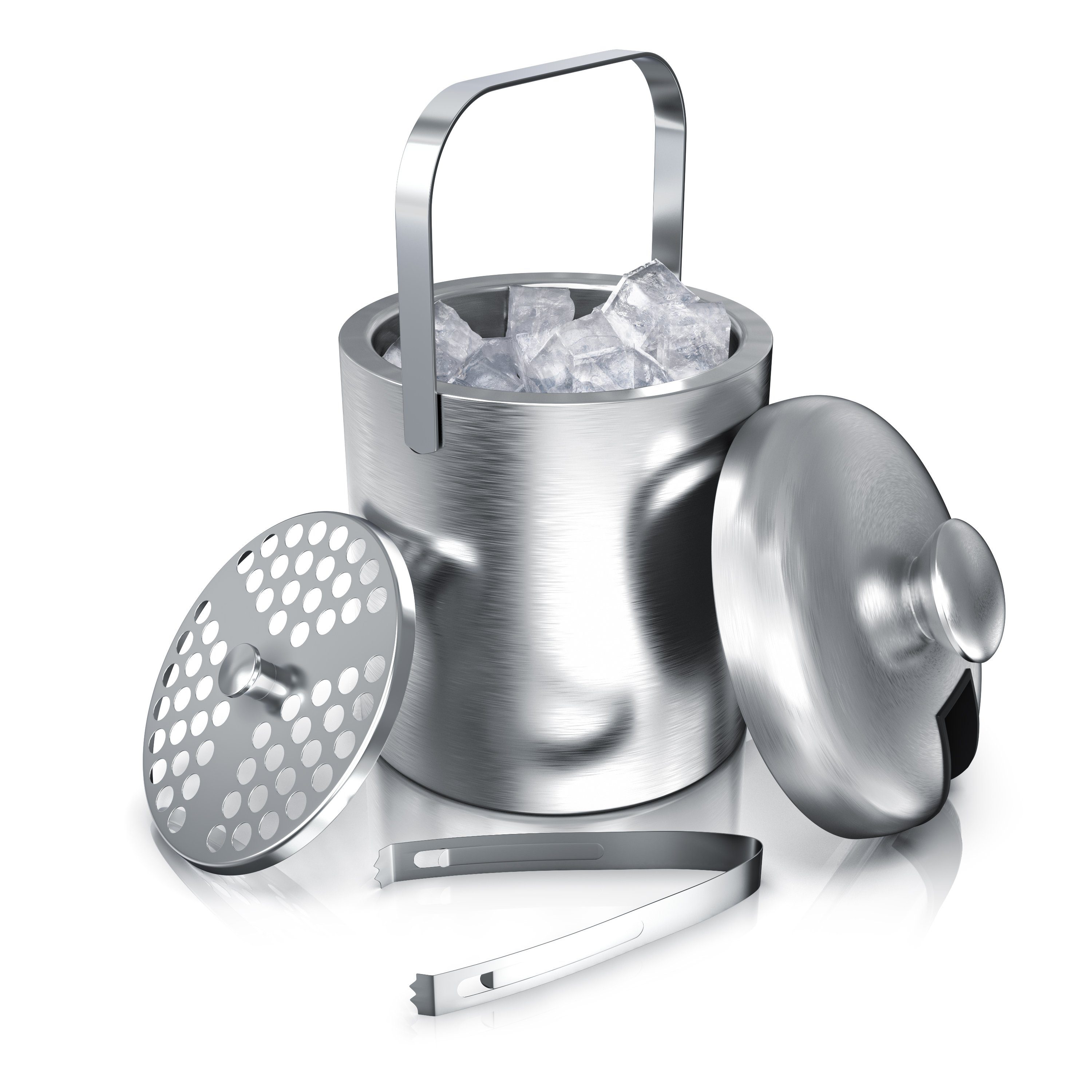 Arendo Eiseimer Edelstahl Eiswürfelbehälter mit Deckel, 1,3L, Eiseimer doppelwandig, Eiswürfelkühler, Eiskübel, mit Zange, Abtropffilter, Deckel, BPA frei
