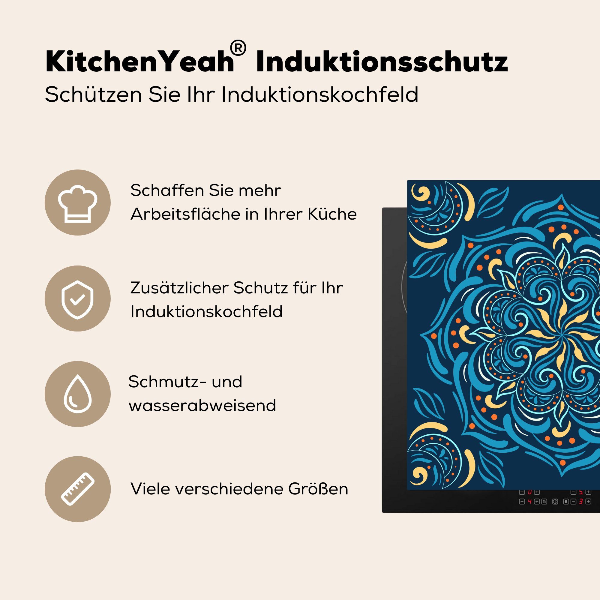 MuchoWow Herdblende-/Abdeckplatte Mandala - für 78x78 - tlg), cm, Muster, küche Arbeitsplatte - (1 Blau Ceranfeldabdeckung, Vinyl, Gelb