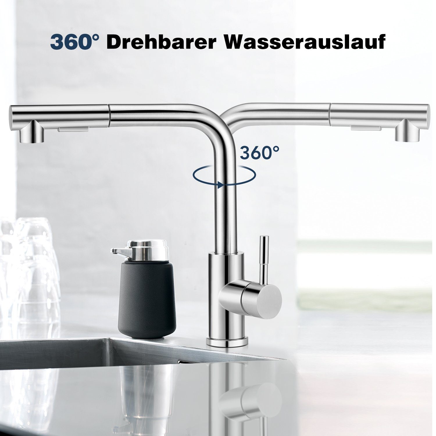 Brause Küchenarmatur iscooter Edelstahl für Wasserhahn 2 mit Drehbar,Armatur 360° Küchenarmatur Niederdruck Wasserstrahlarten Küche Küche Küche ausziehbar,