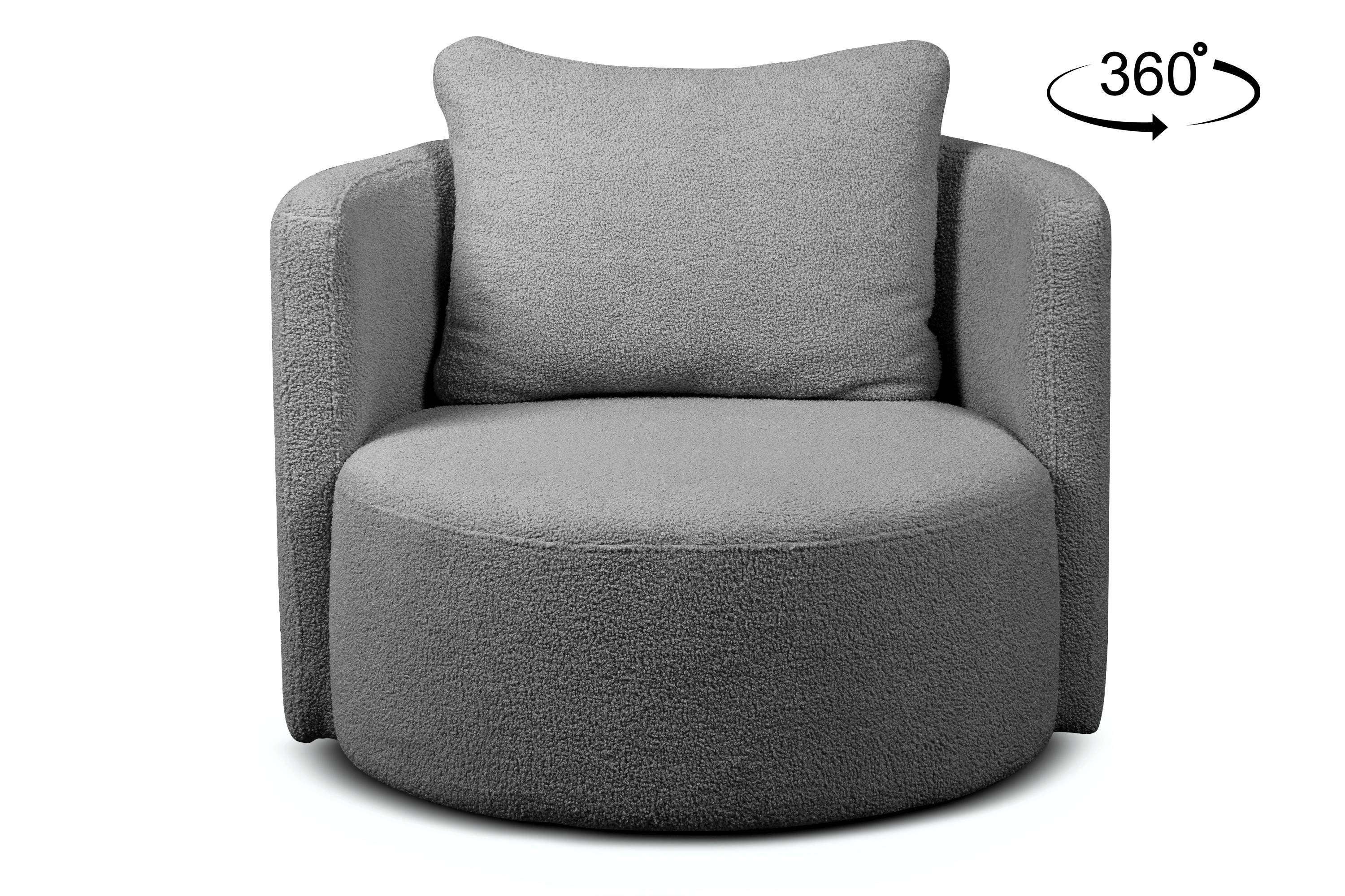 inklusive 360° Konsimo dekorativem Loungesessel Drehsessel mit Kissen Bouclé-Stoff, Drehfunktion, RAGGI,