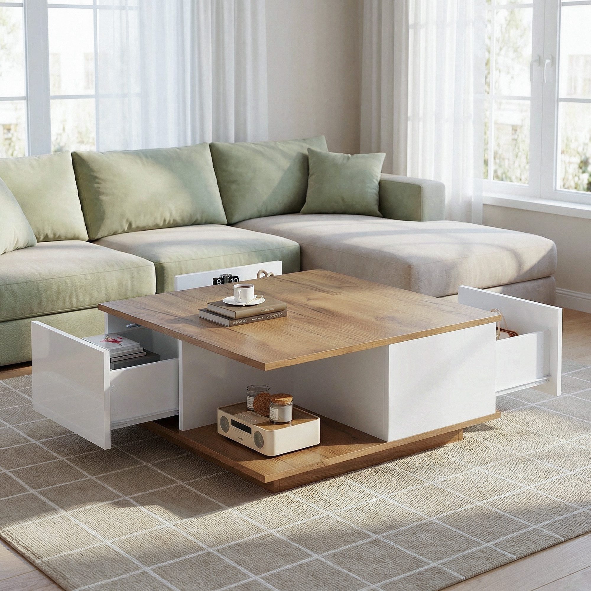 STILVORA Couchtisch mit offenem Stauraum,Beistelltisch Kaffeetisch mit 3 Schubladen,Natur (Sofatisch,Beistelltisch, 1-St., mit 3 Schubladen), geometrischer Kaffeetish