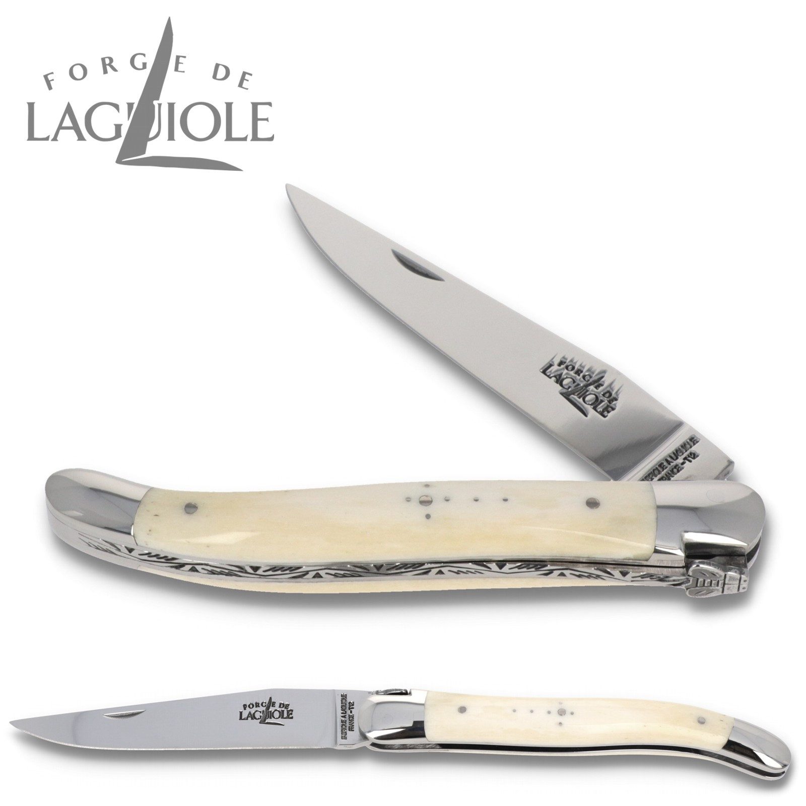 Forge de Laguiole Taschenmesser 1211 IN OS BRI, Griff 11cm Rinderknochen - Verzierte Feder - Klinge Backen glänzend