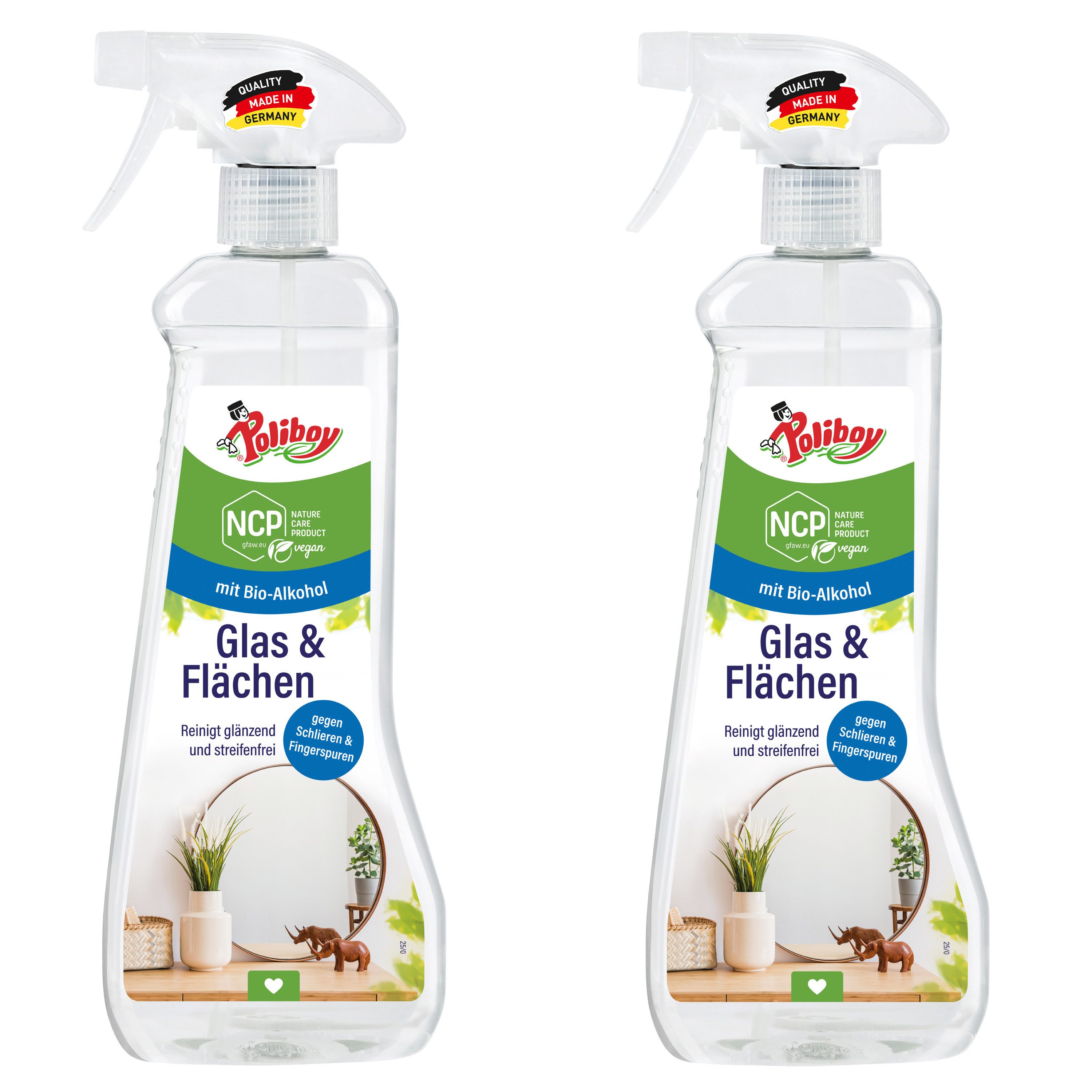 poliboy NCP Glas- & Flächen Reiniger 2er Set - je 500ml - streifenfreies Glas Glasreiniger (zur einfachen Reinigung von spiegelnden Oberflächen - Made in Germany)