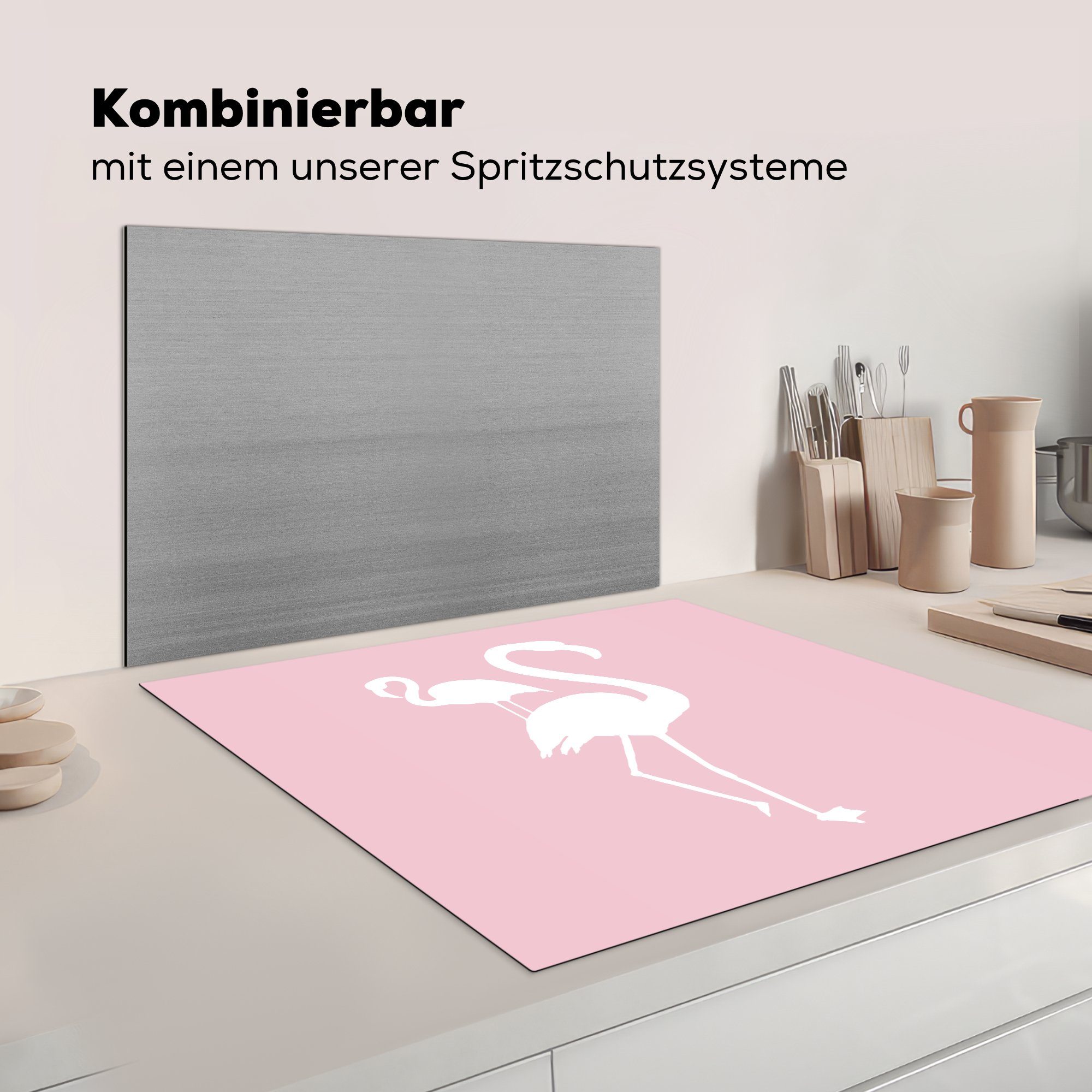 Illustration, - MuchoWow - (1 Ceranfeldabdeckung, tlg), Vinyl, 78x78 für cm, Herdblende-/Abdeckplatte Weiß Arbeitsplatte Flamingo küche