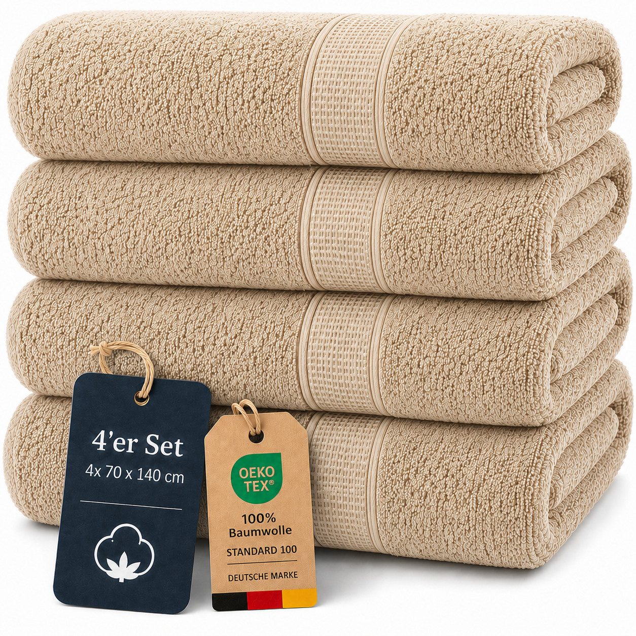 Komfortec Handtuch Set 4x Premium Badetuch Set - 70x140 cm, Frottee (4-St), 4x Handtuch-Set, 100% Baumwolle, mit Bordüre, Weich & Saugstark