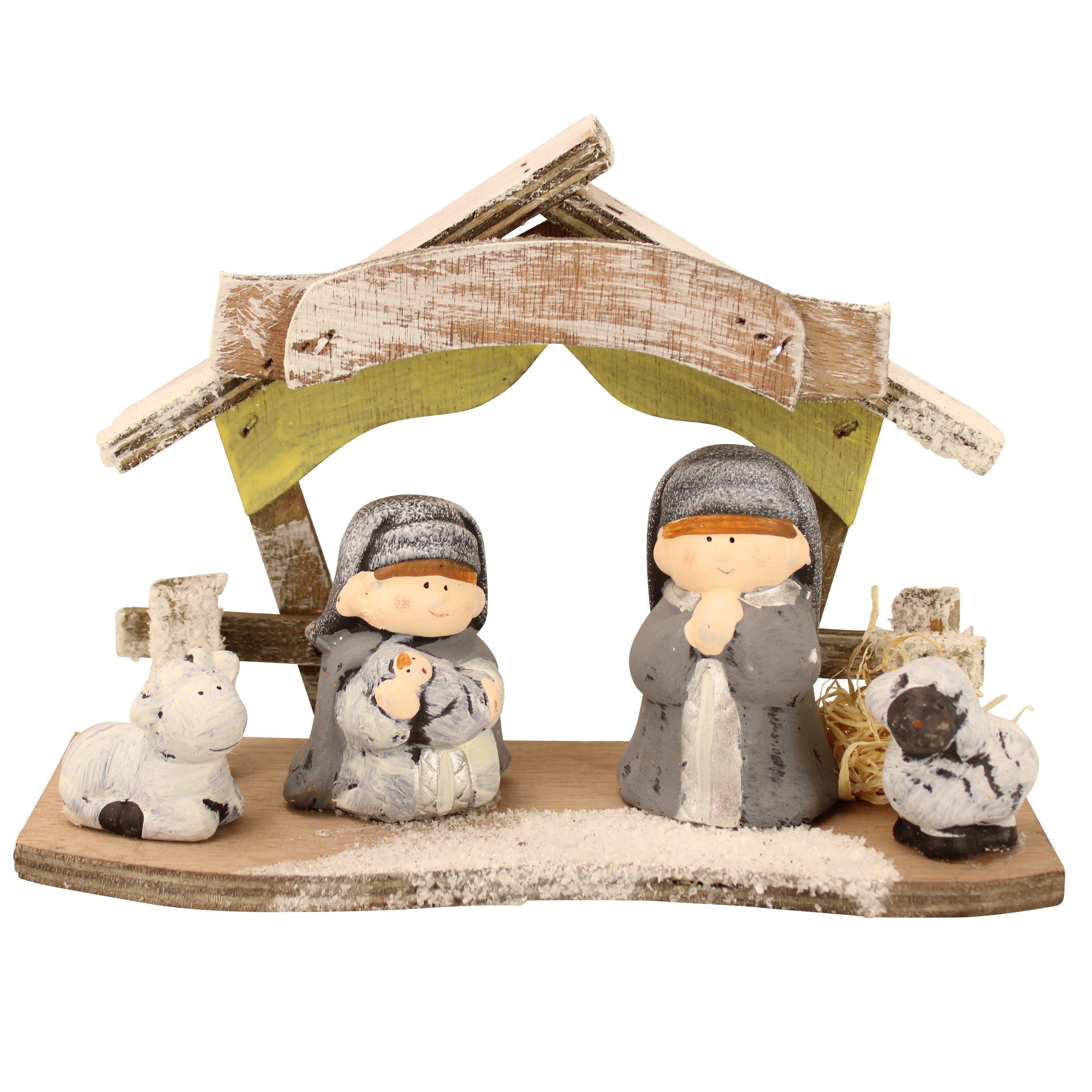 Online-Fuchs Krippe Kleine Weihnachtskrippe aus Holz mit süßen Figuren  Krippe für Kinder, Maße insgesamt ca. 22 cm breit, 9 cm tief und 16 cm