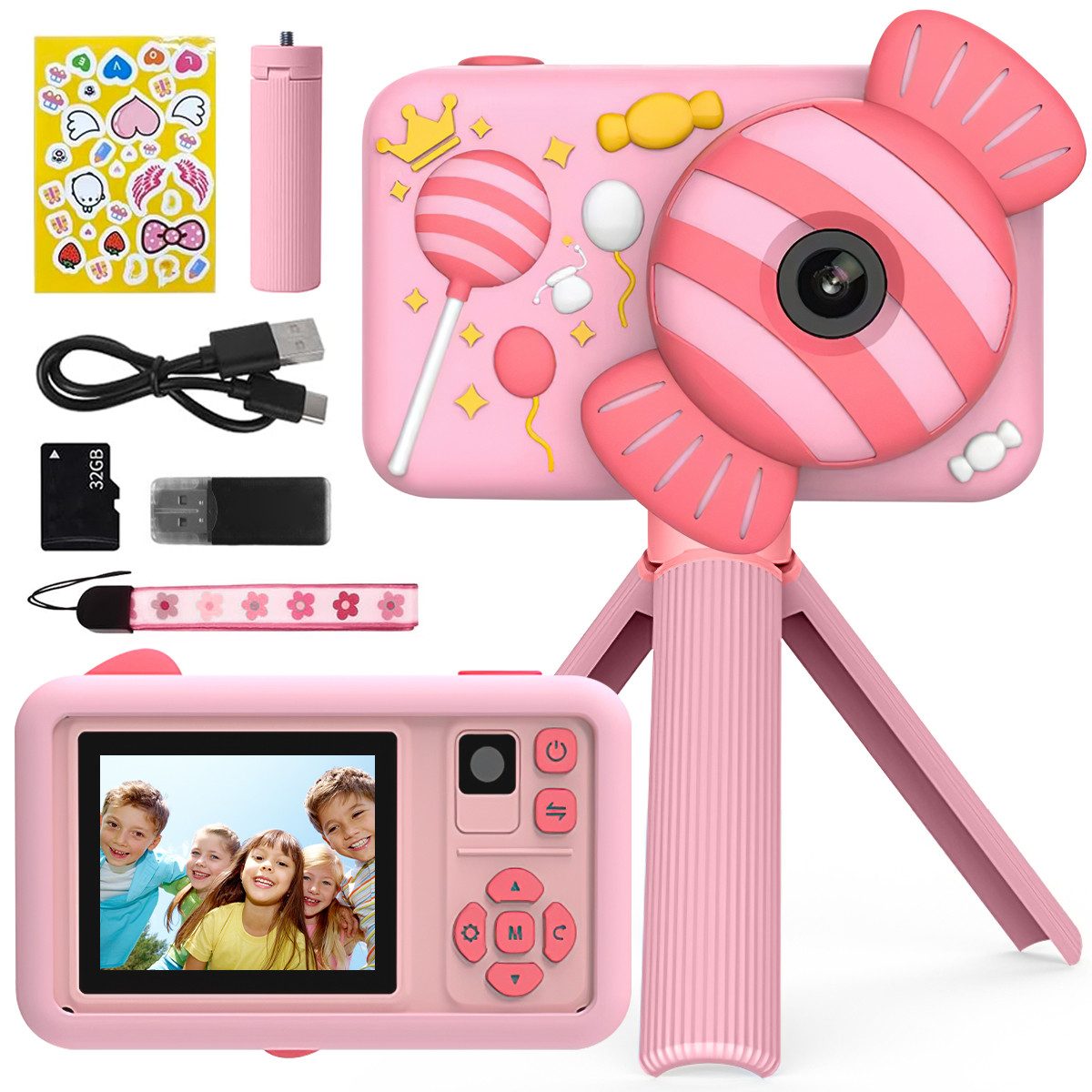 MOPUEA Kinderkamera Mit Doppelobjektiv 1080P 32GB 2 Zoll Bildschirm Kinderkamera (inkl. Kamera Mit Zubehör Für Kinderfotografie, Doppelobjektiv 1080P 32GB Silikonhülle Timer Funktion)