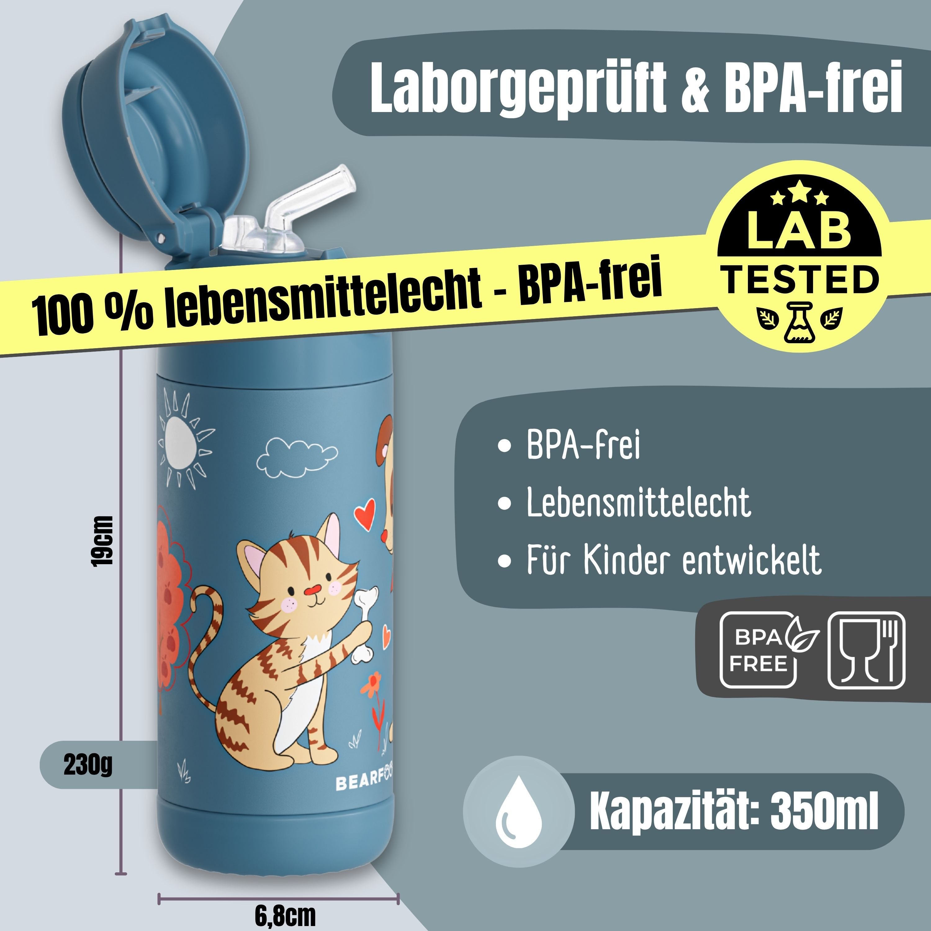 BEARFOOT Trinkflasche Thermo Kinder Trinkflasche Edelstahl - Hund & Katze blau, Thermosflasche, auslaufsicher, Edelstahl, Kinderflasche, BPA-frei – Bild 5 von 5