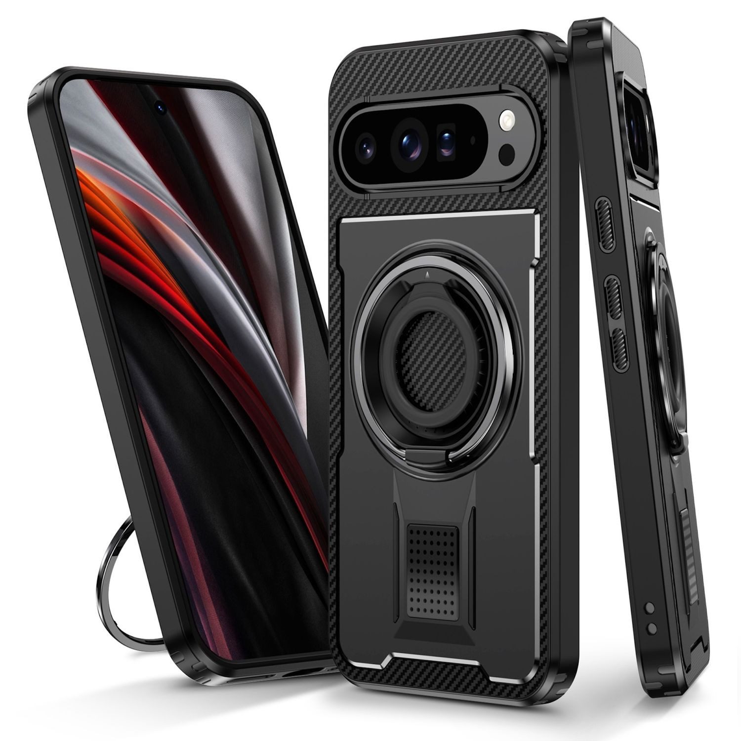 Wigento Handyhülle Für Google Pixel 9 Pro XL Carbonfaser Ringhalter Hybrid TPU Hülle Case, Ringhalter-Hülle mit Carbonfaser für extra Schutz