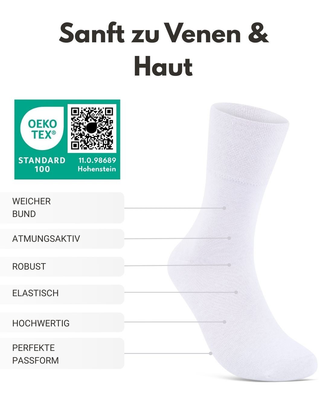 sockenkauf24 Diabetikersocken ohne Gummibund 97% Baumwolle mit Komfortbund ohne Naht (Weiß, 6-Paar, 35-38) Diabetiker Socken ohne Gummi für Damen & Herren