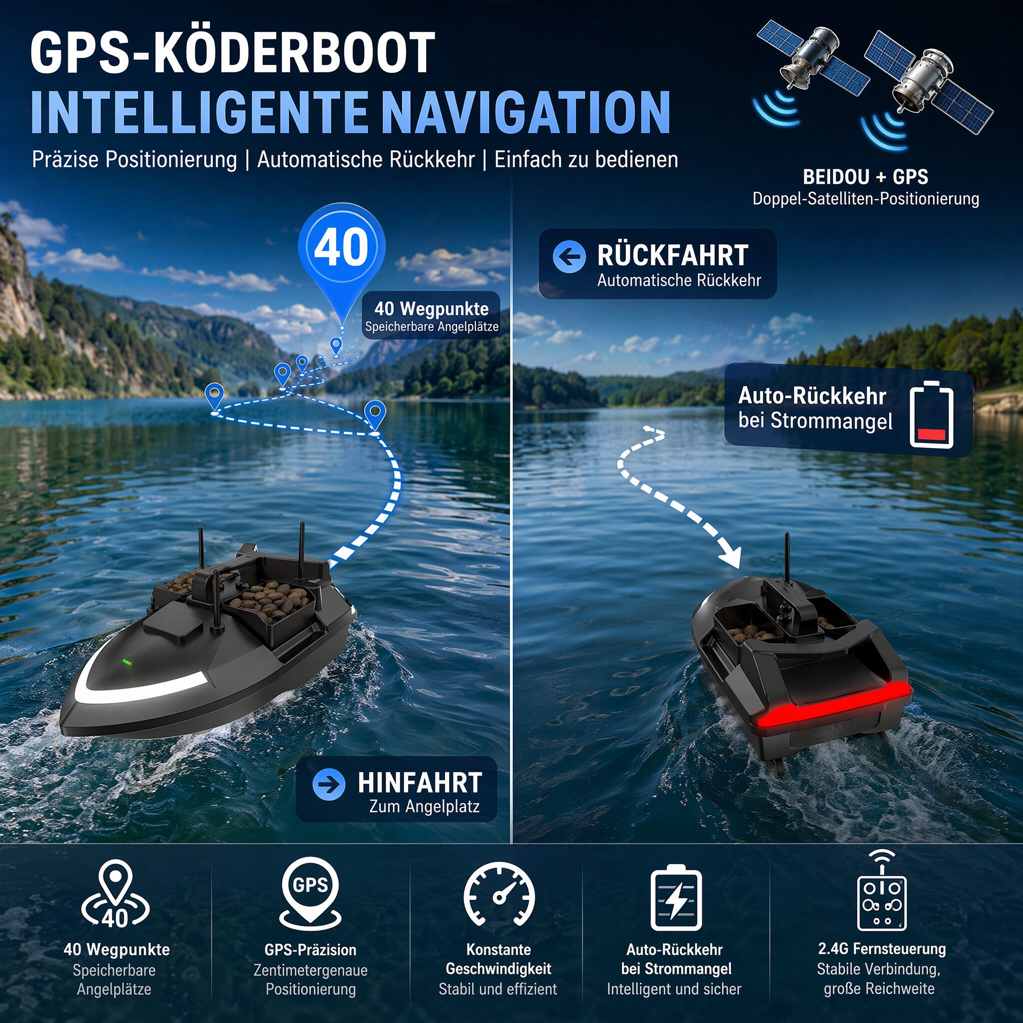 GARRYFIZH RC-Boot Futterboot Futterboot Angeln Futterboot mit GPS (Packung, 500 Meter), Automatische Rückführung, Tempomat, leistungsstarker Motor, Nachtlicht