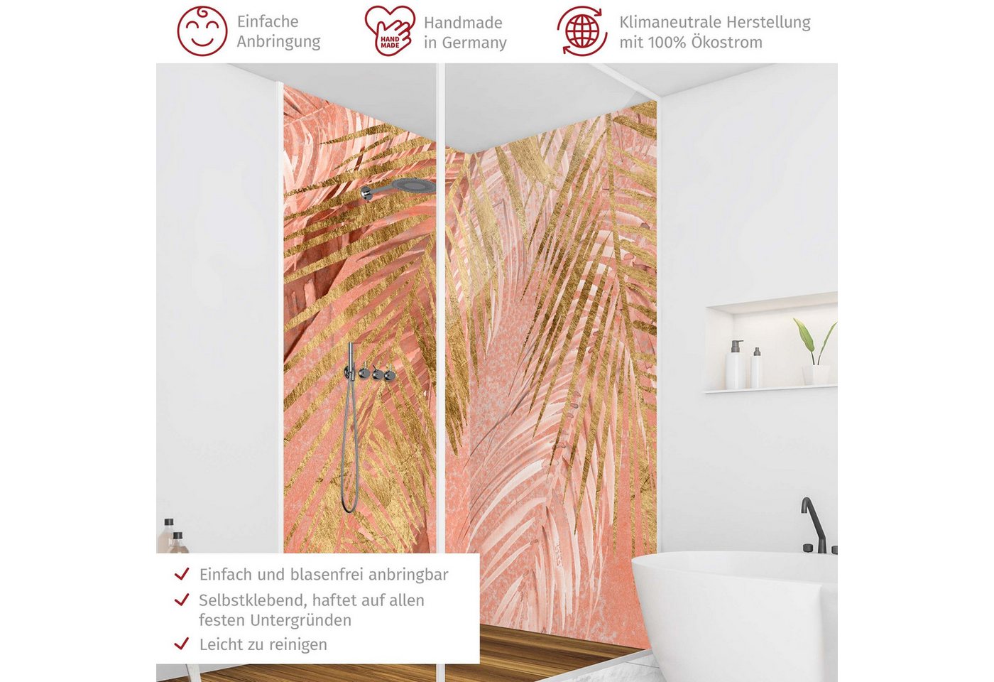 Thumbnail - Bilderdepot24 Badrückwand Palme rosa Duschrückwand ohne Bohren Dusche Tropisch, (2-tlg., Hart-Folie Smart matt 0,35 mm),...